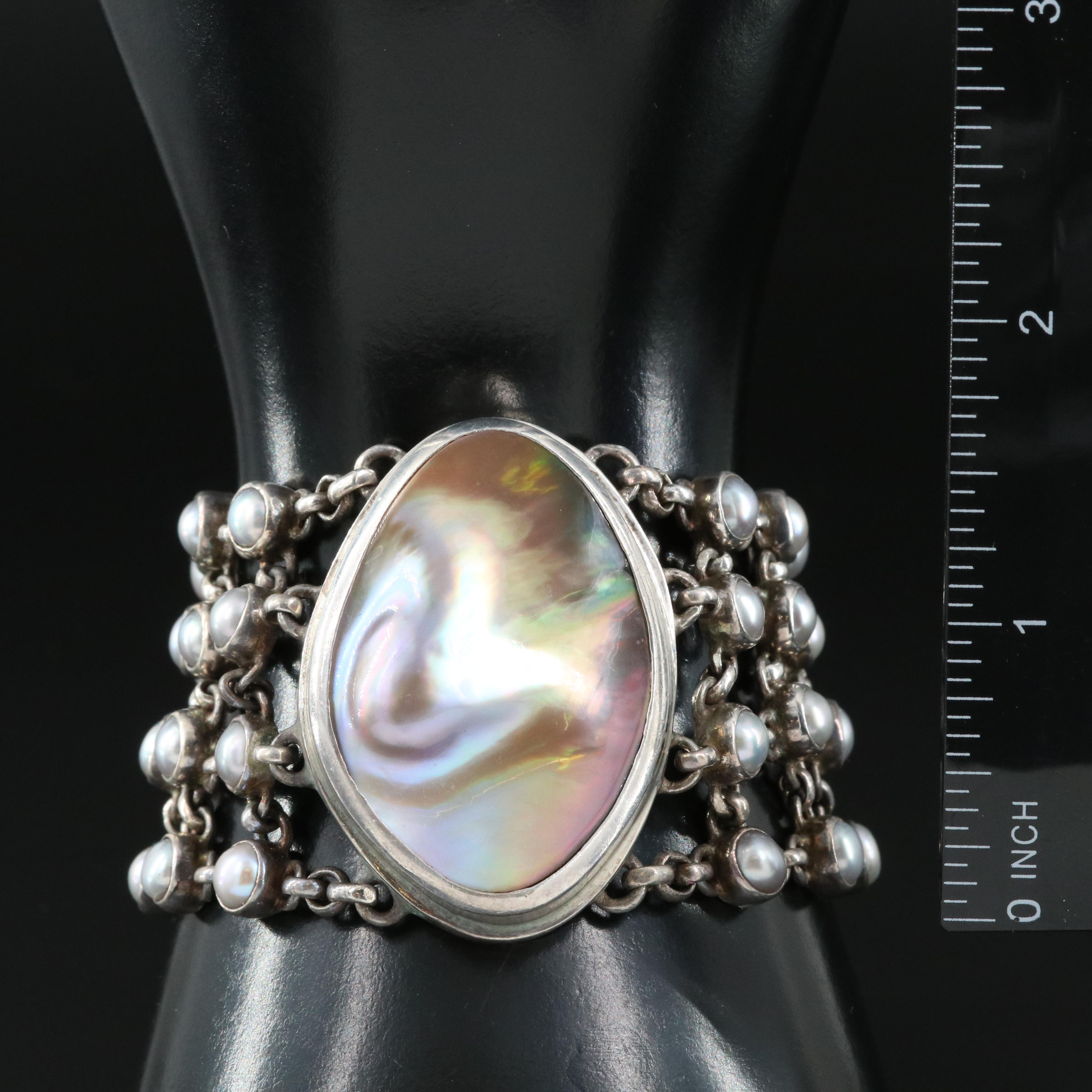 Sterling Bezel Set Pearl Multi-Row Bracelet