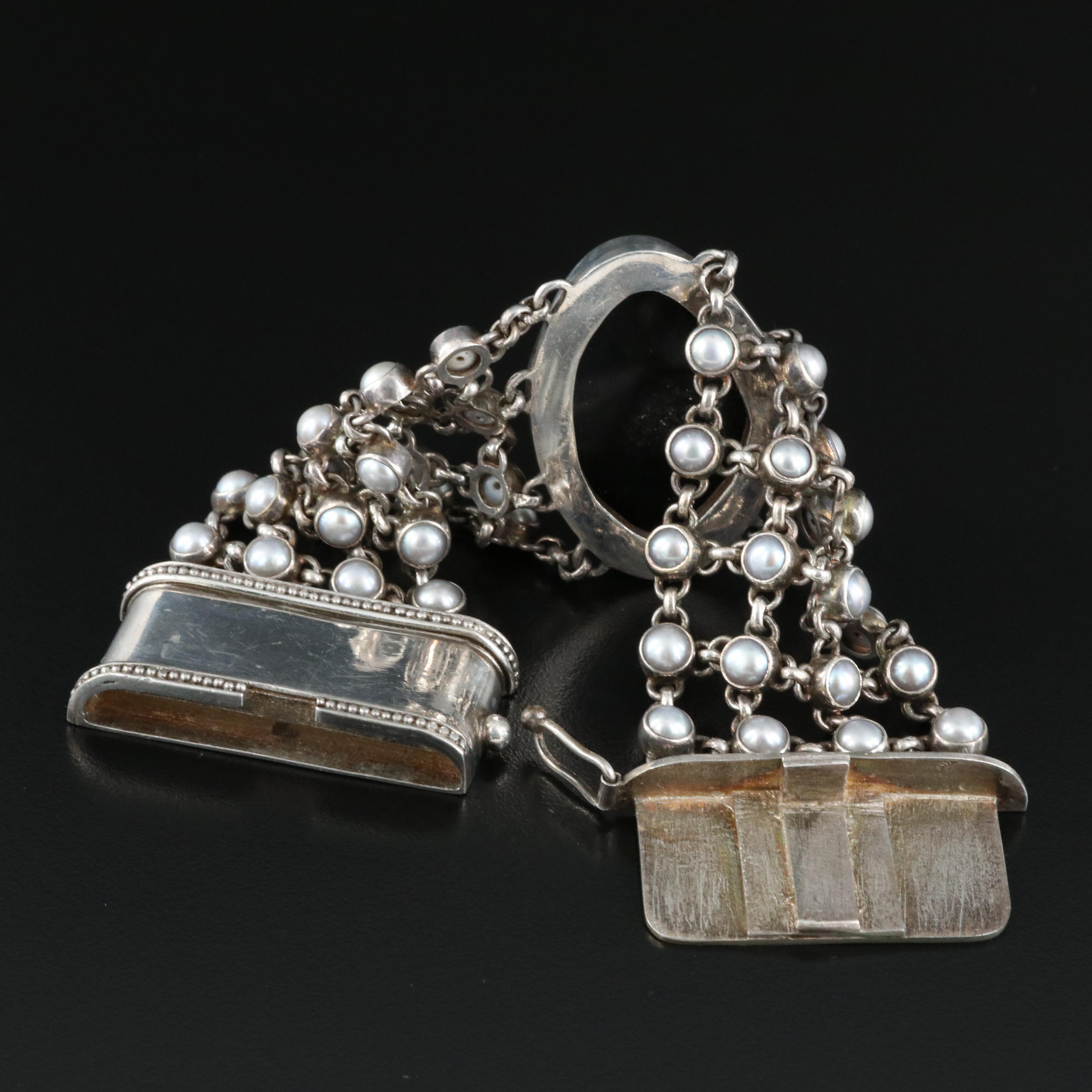 Sterling Bezel Set Pearl Multi-Row Bracelet