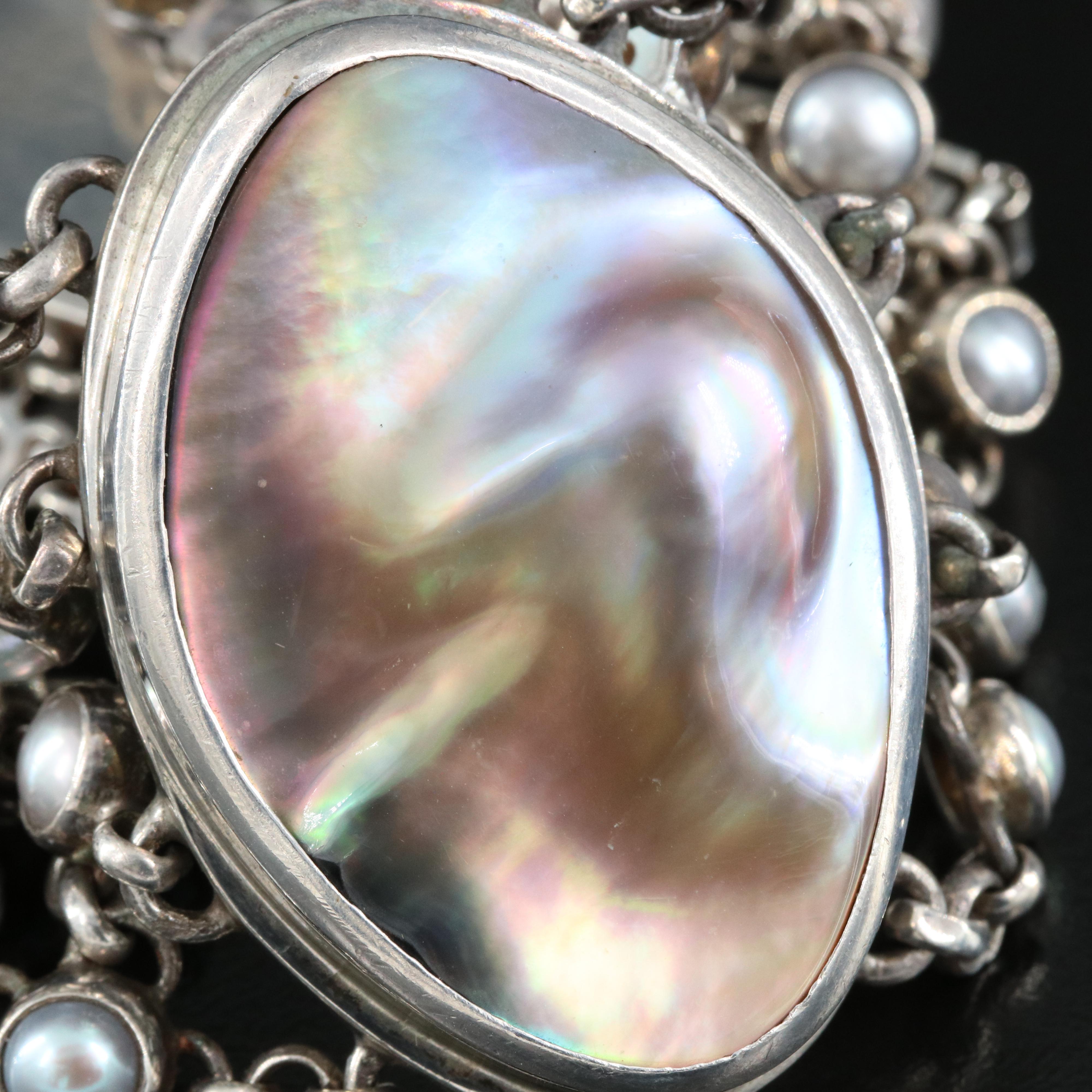 Sterling Bezel Set Pearl Multi-Row Bracelet