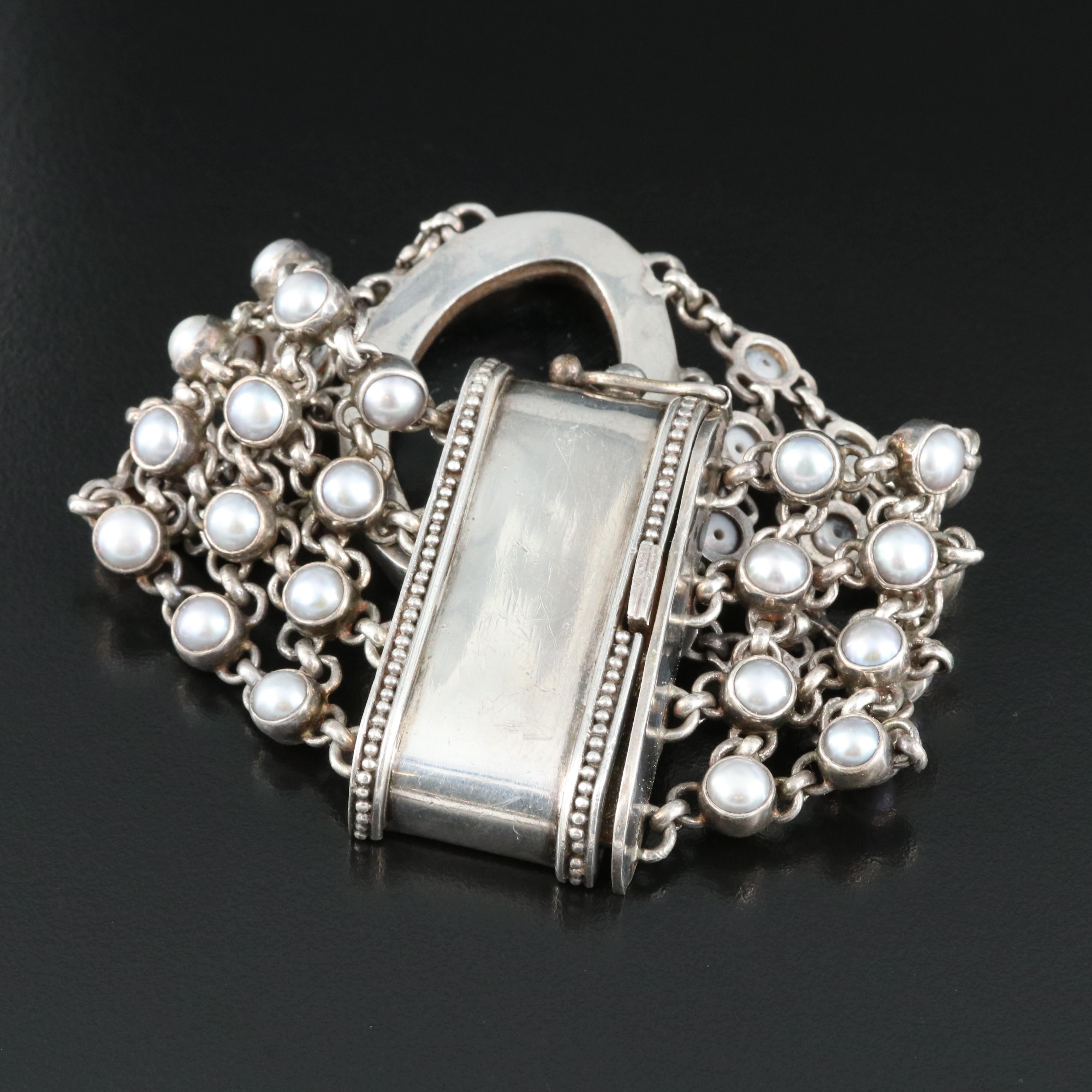 Sterling Bezel Set Pearl Multi-Row Bracelet
