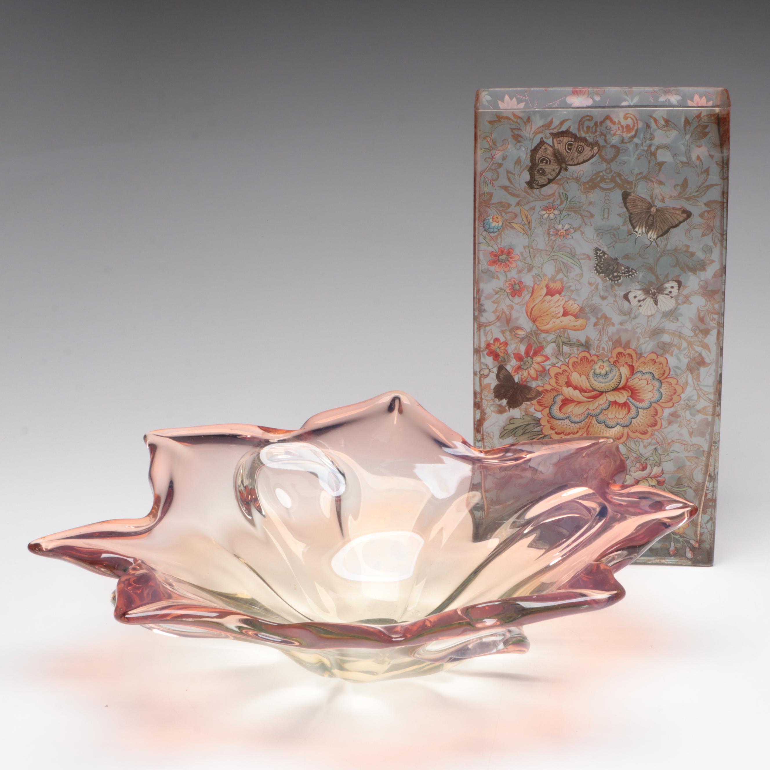 Art Glass Bowl with Fringe Studio Butterfly Motif Glass Vase EBTH