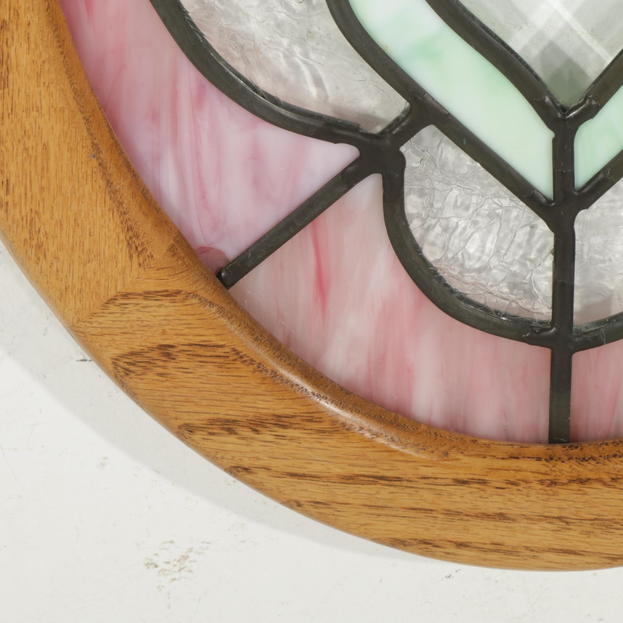 Oak Framed Slag and Stained Glass Oval Wall Hanger