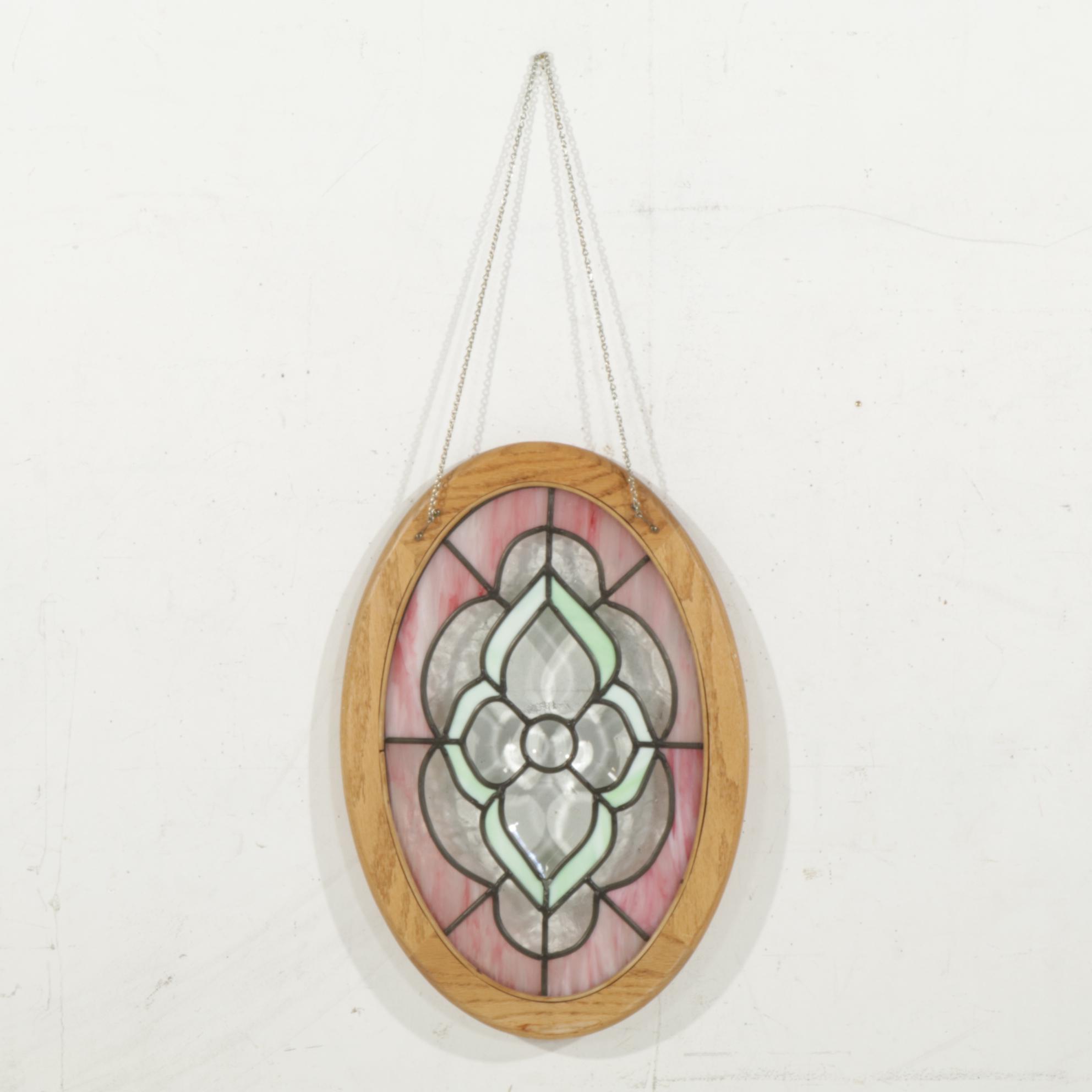 Oak Framed Slag and Stained Glass Oval Wall Hanger