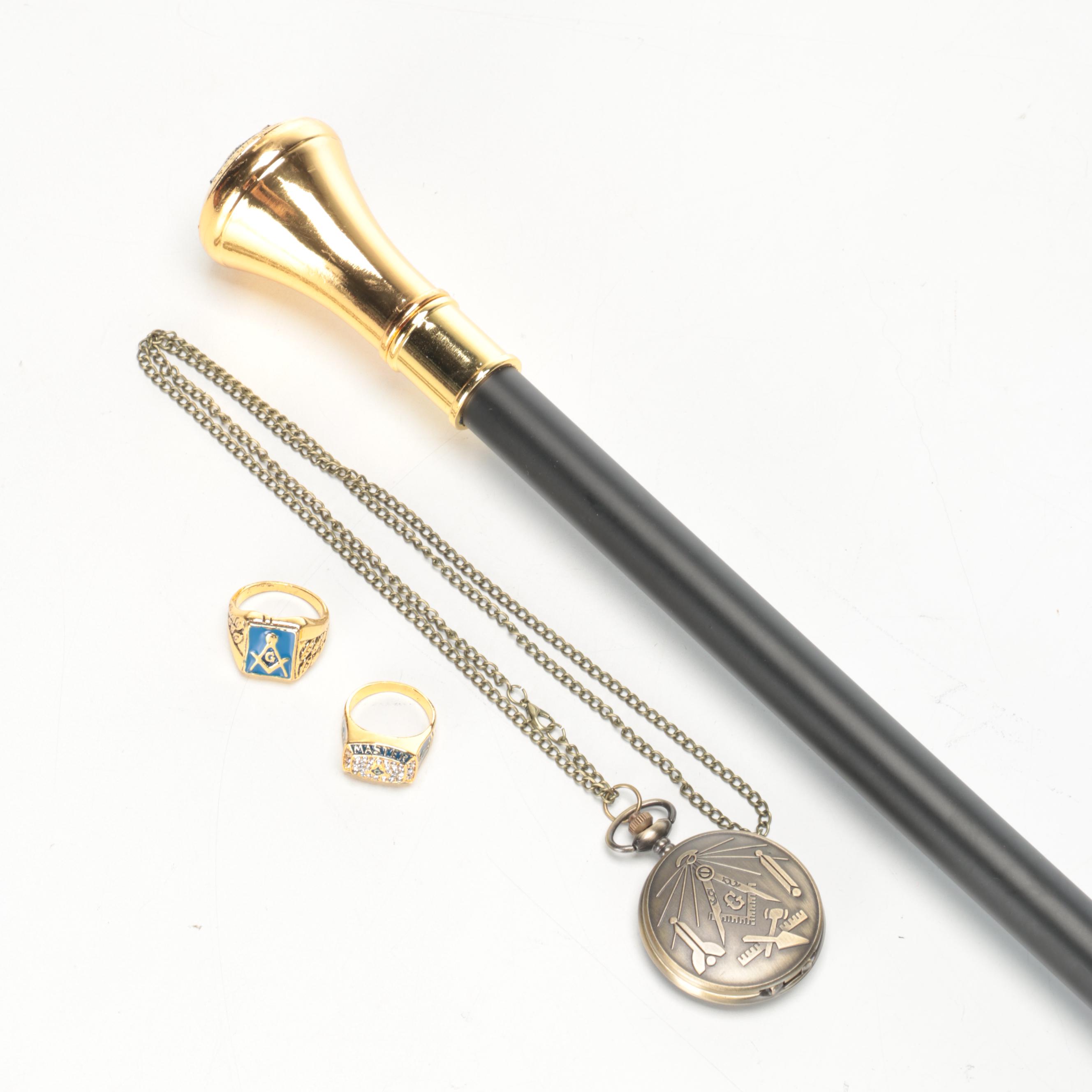Freemason's Brass Topped Walking Stick With Pocket Watch and Rings