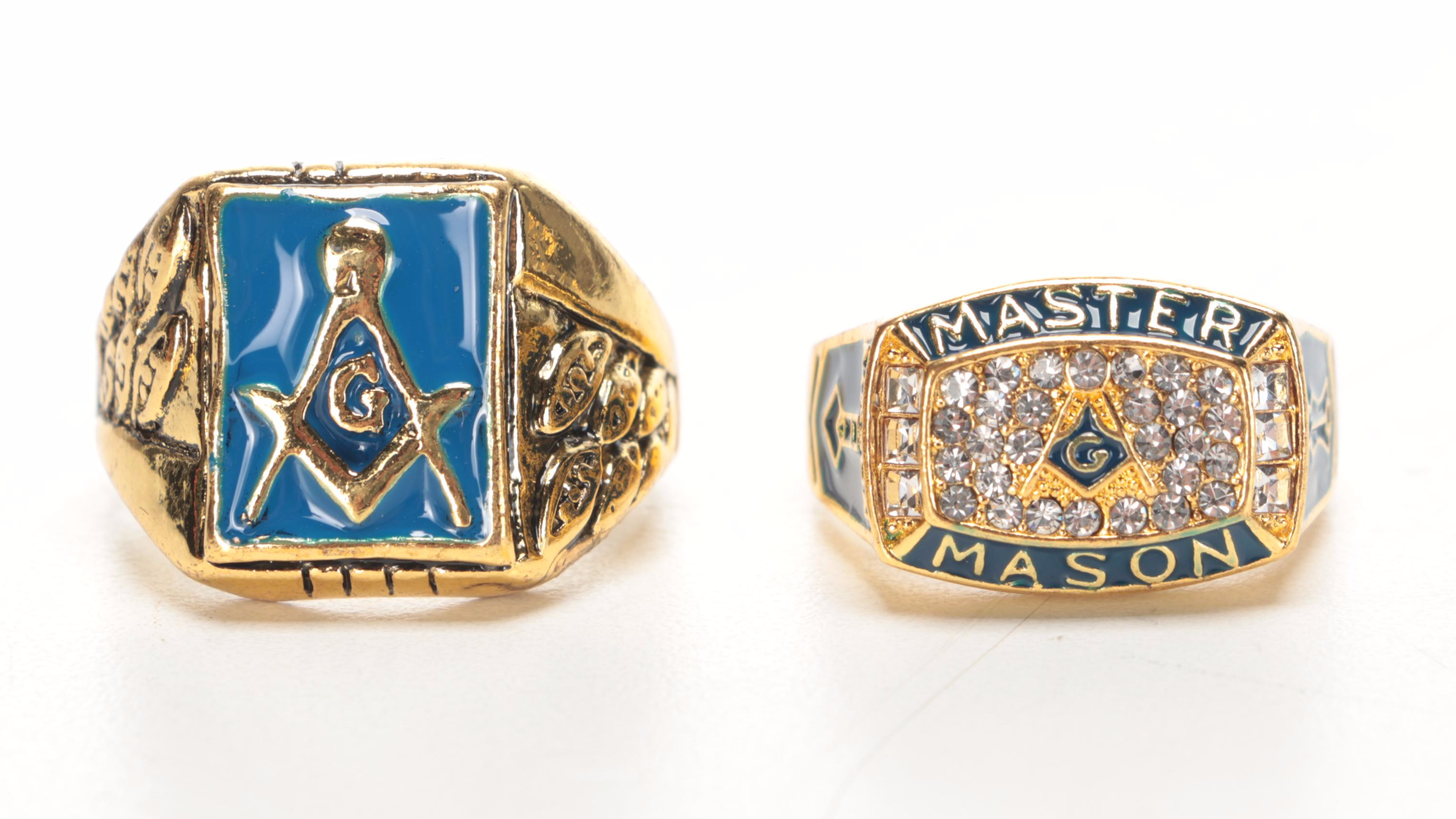 Freemason's Brass Topped Walking Stick With Pocket Watch and Rings