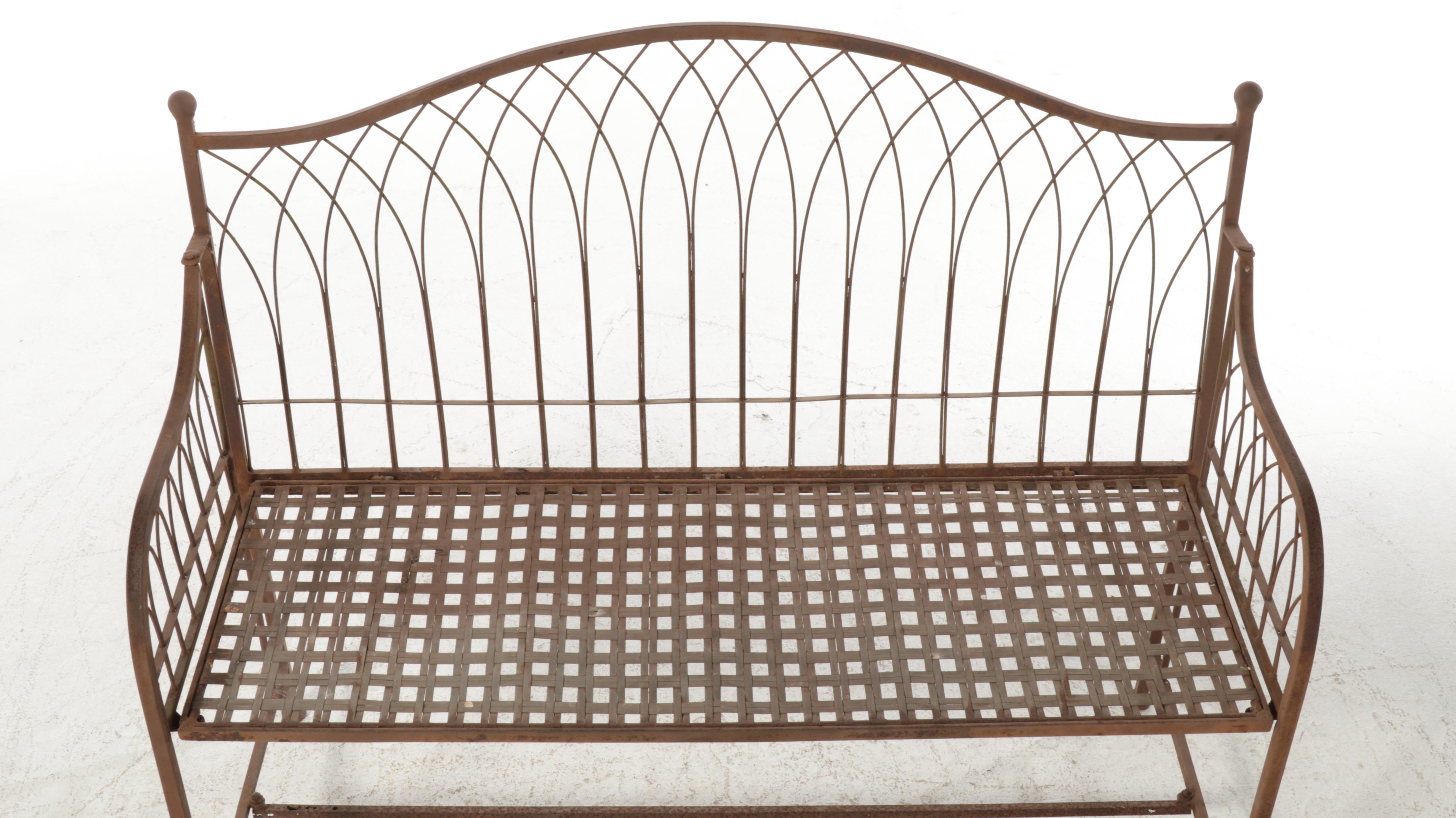 Woven Metal Folding Garden Bench and Grape Vine Wreath