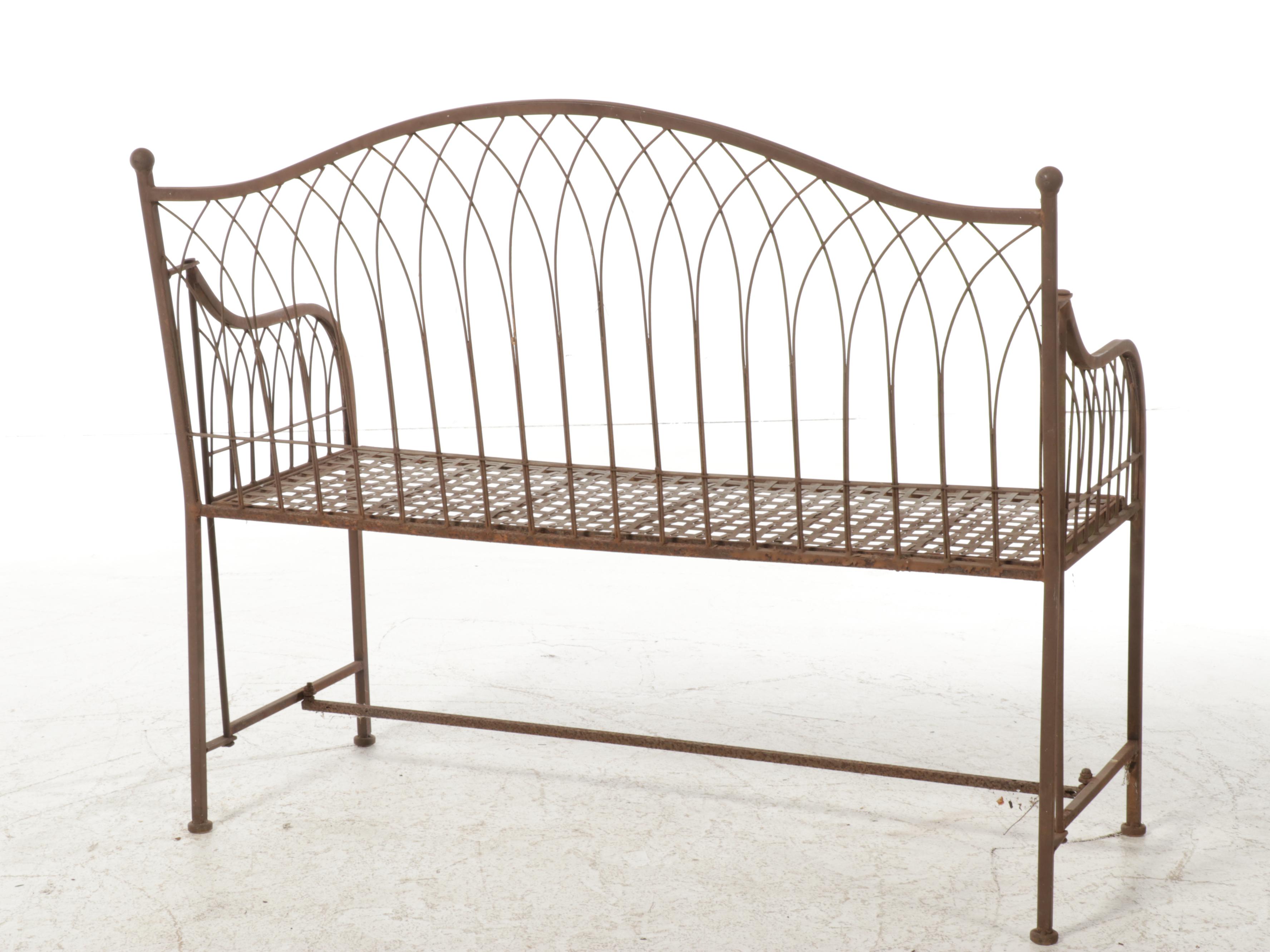 Woven Metal Folding Garden Bench and Grape Vine Wreath