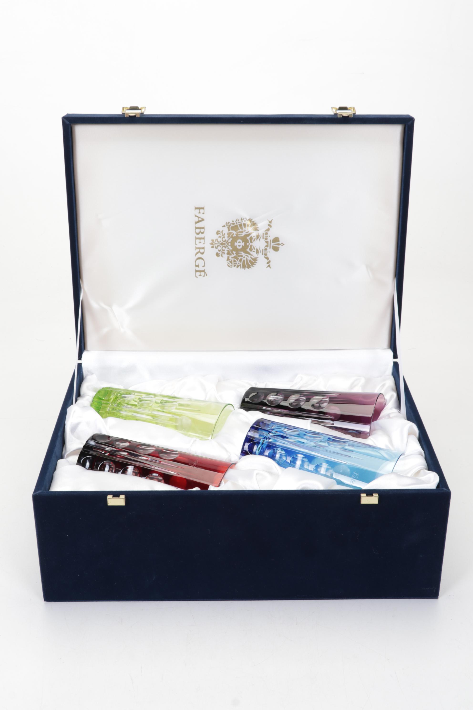 Fabergé Cut to Clear Bohemian Style Glass Tumblers with Case