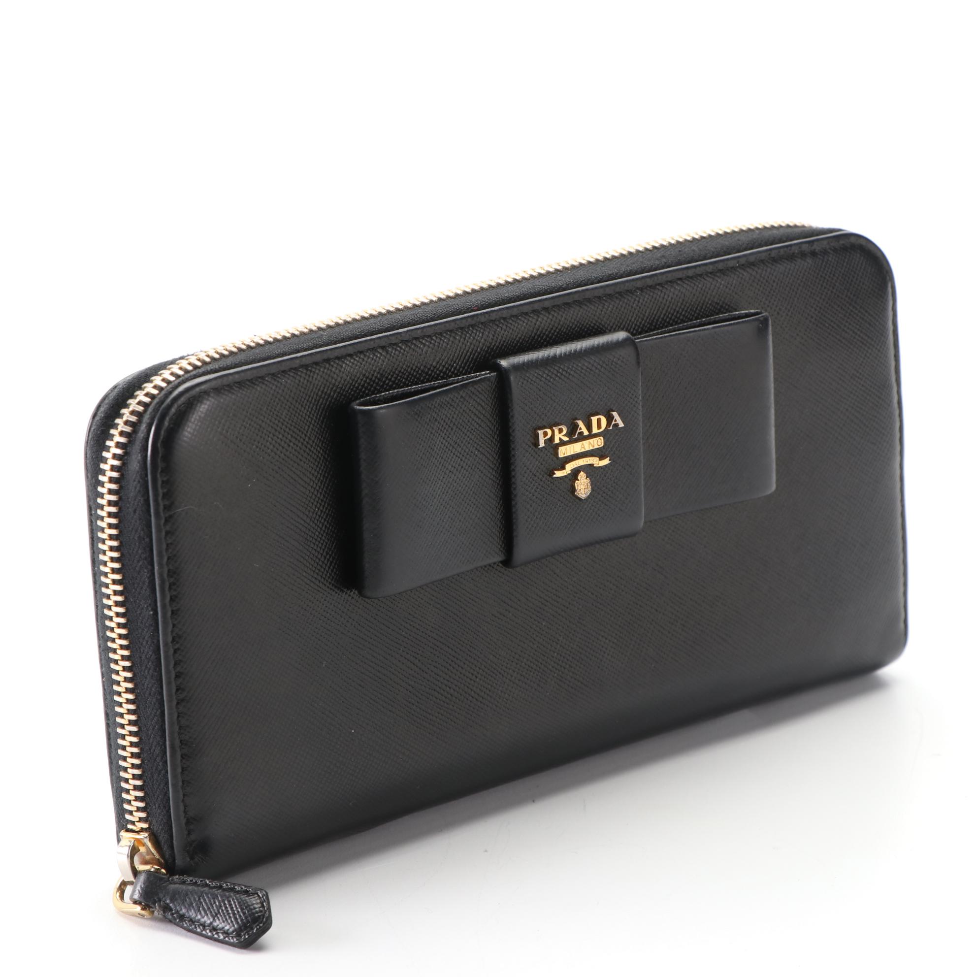 Prada Saffiano Leather Zip-Around Wallet with Flat Bow