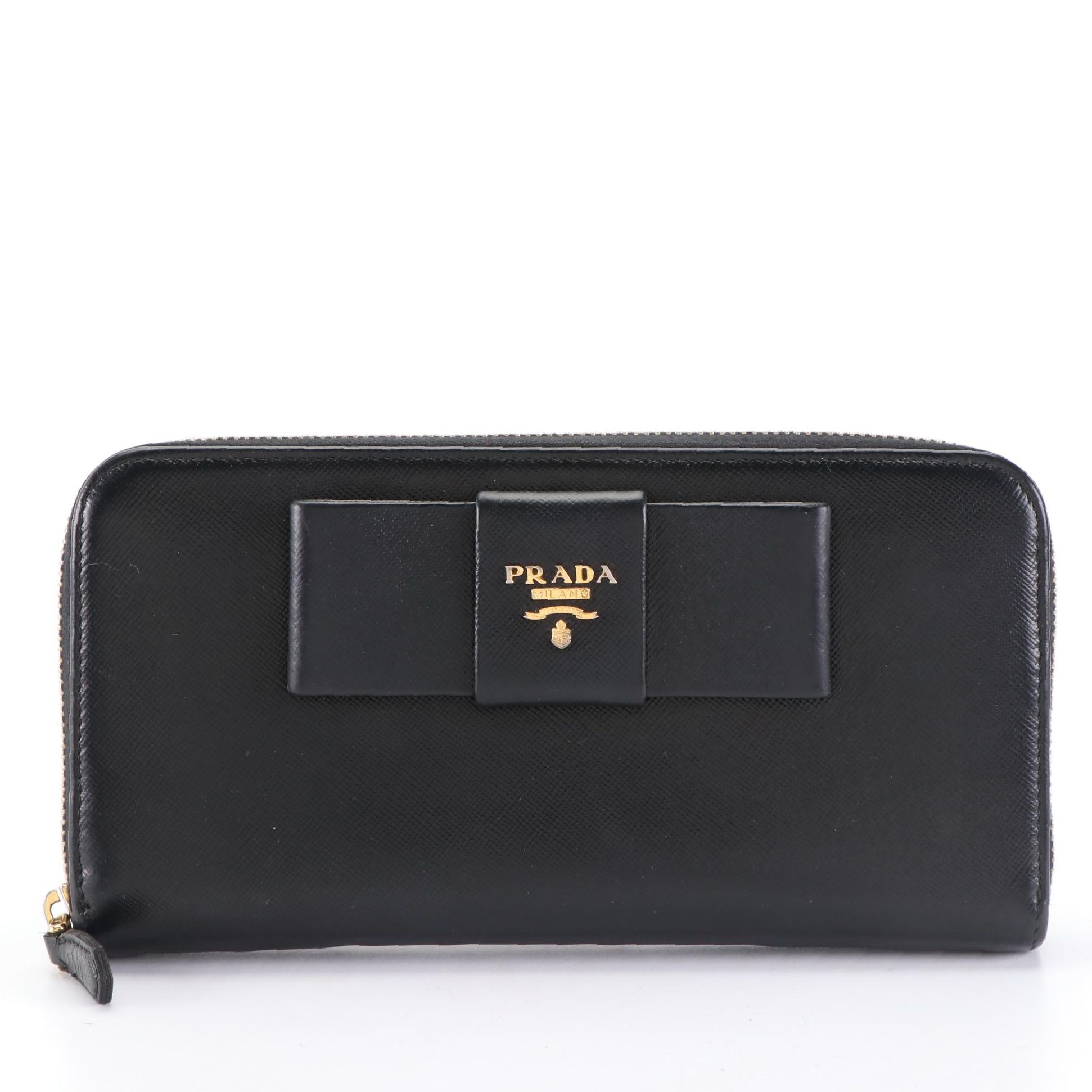 Prada Saffiano Leather Zip-Around Wallet with Flat Bow
