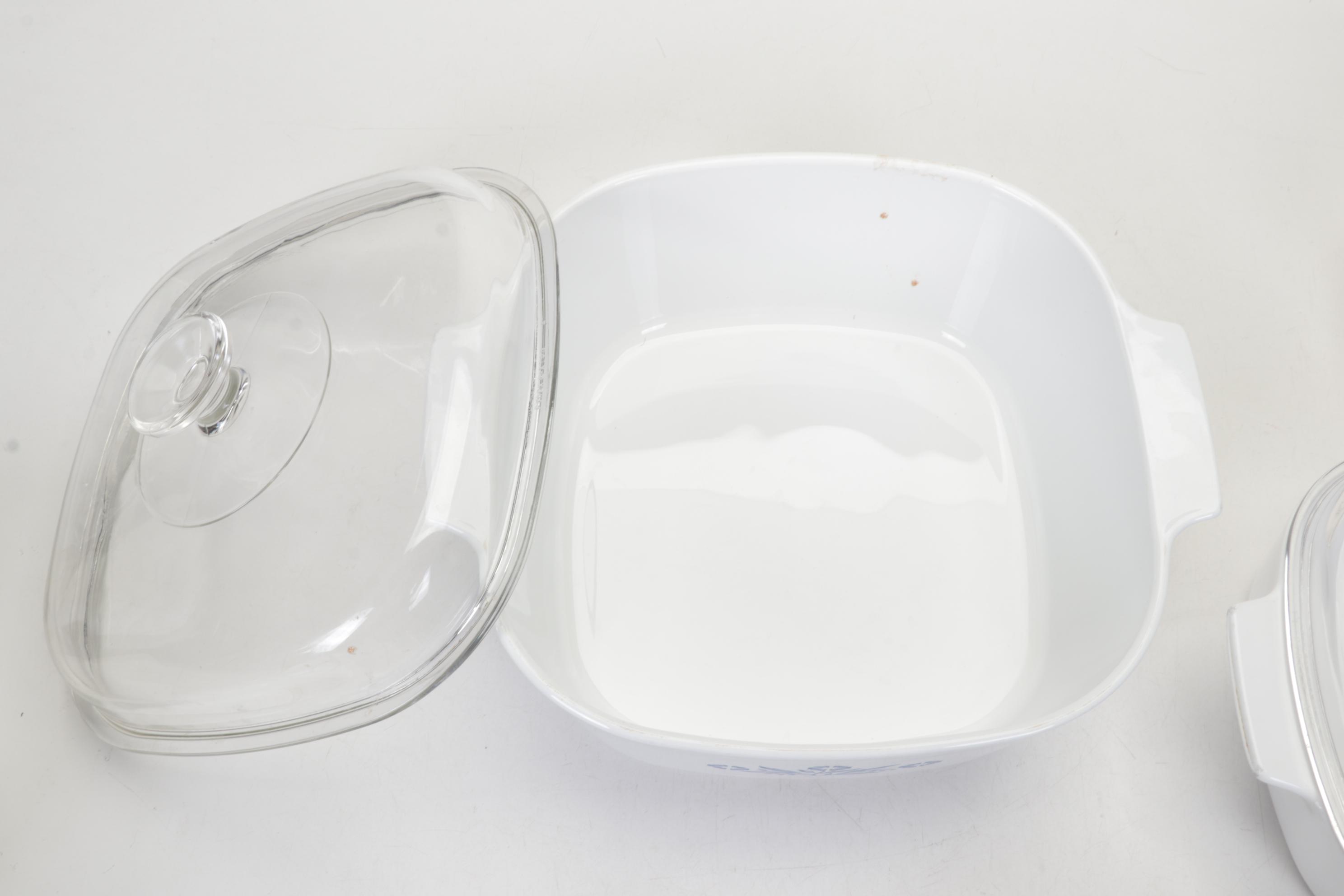 Corning Ware with Lids, Mortar and Pestle, and Other Bakeware