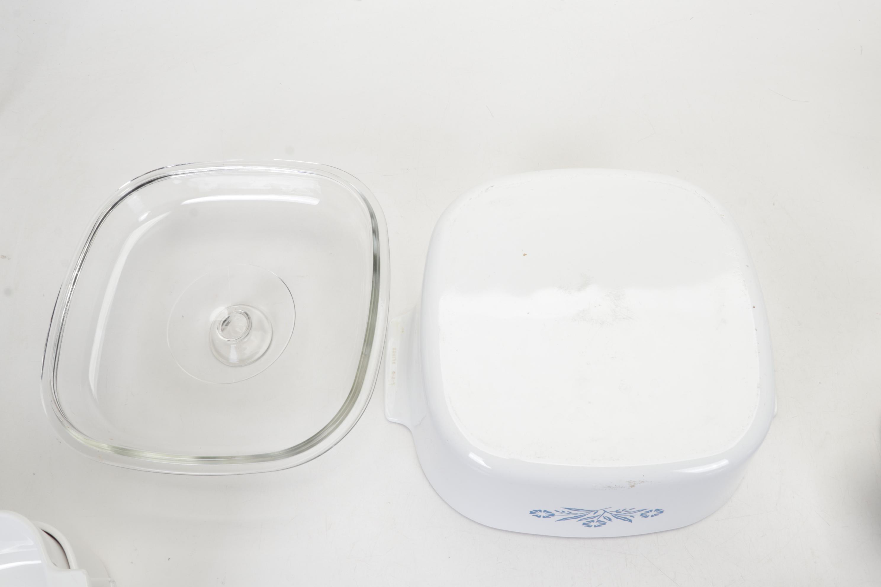Corning Ware with Lids, Mortar and Pestle, and Other Bakeware
