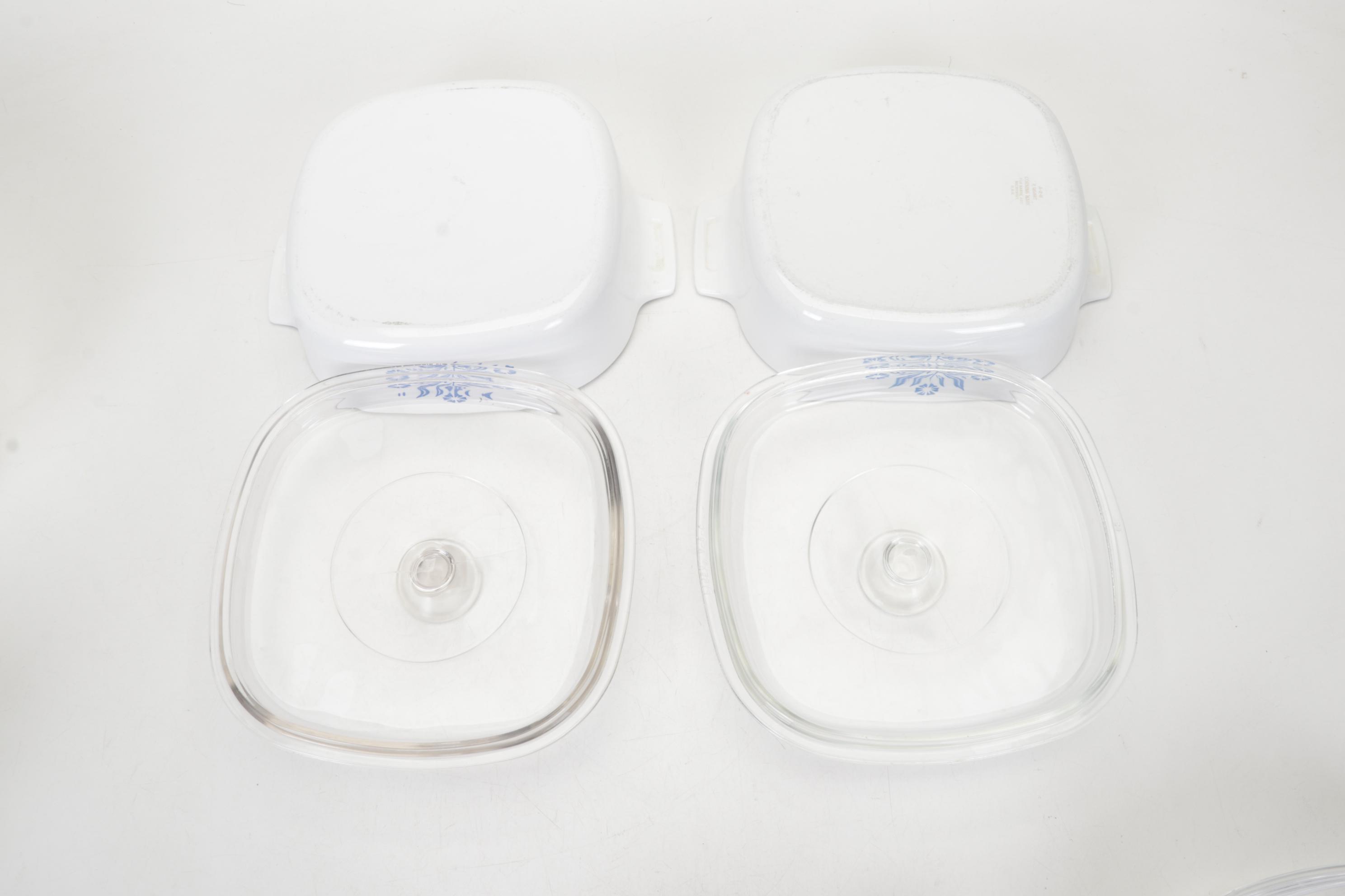 Corning Ware with Lids, Mortar and Pestle, and Other Bakeware