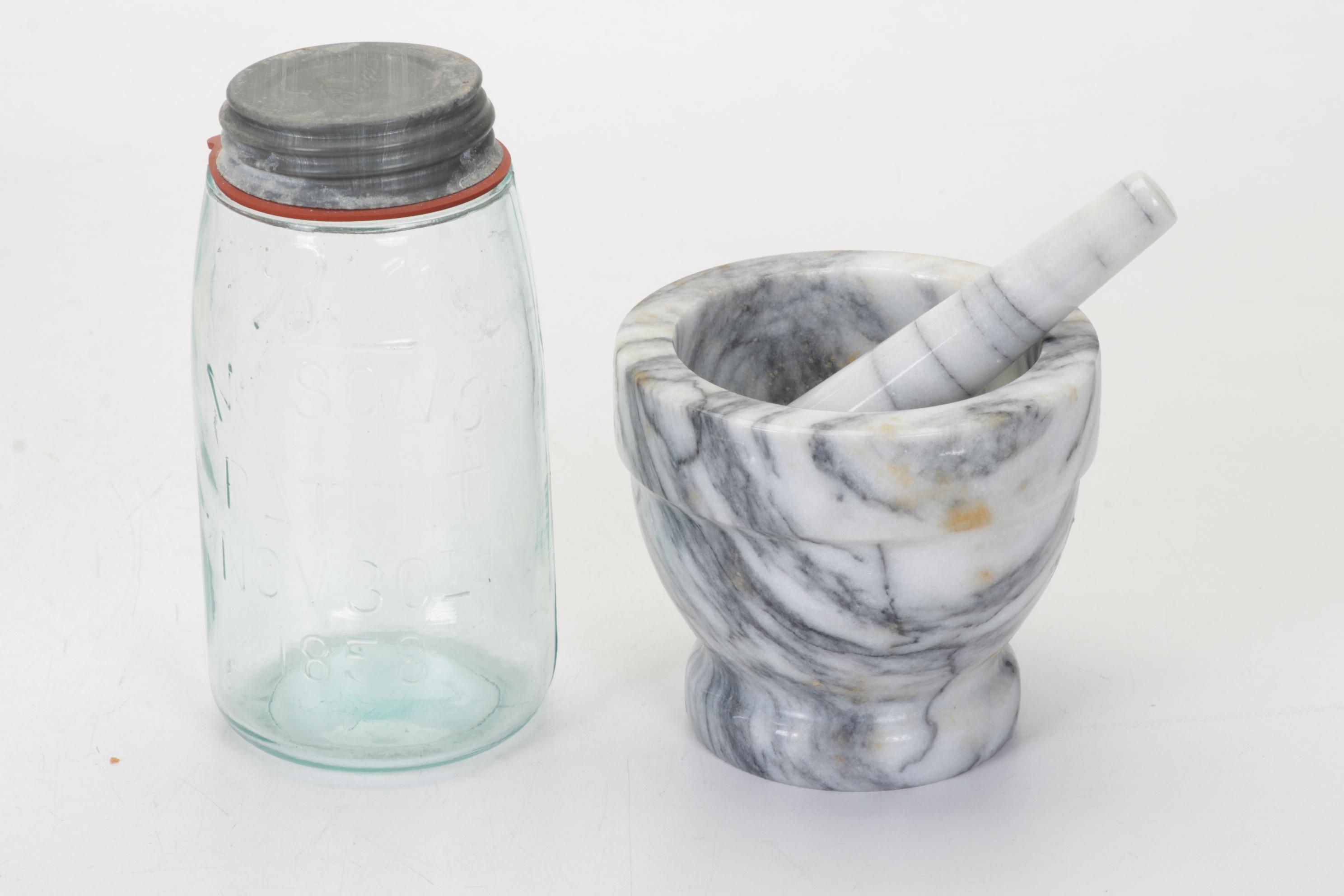 Corning Ware with Lids, Mortar and Pestle, and Other Bakeware