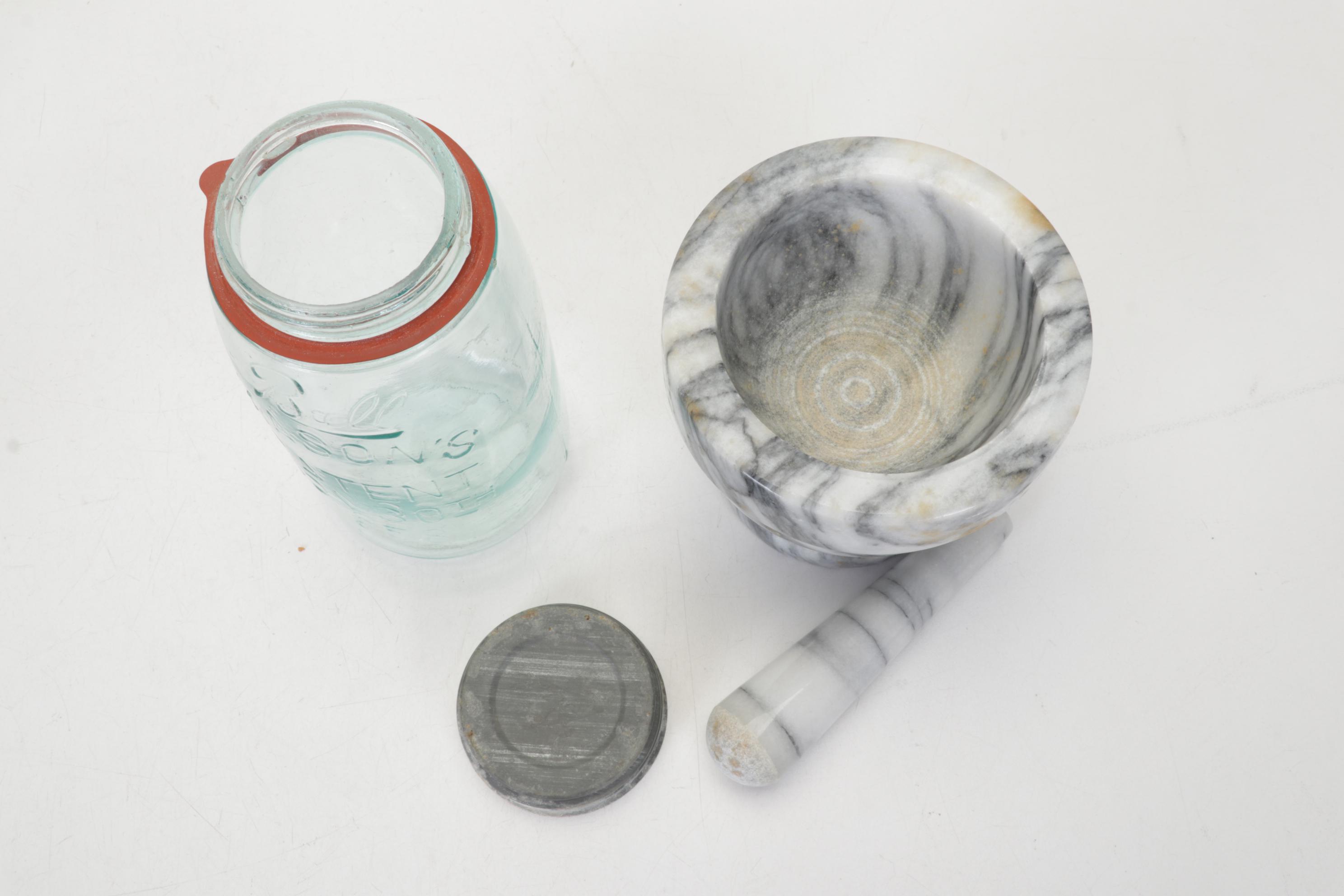 Corning Ware with Lids, Mortar and Pestle, and Other Bakeware