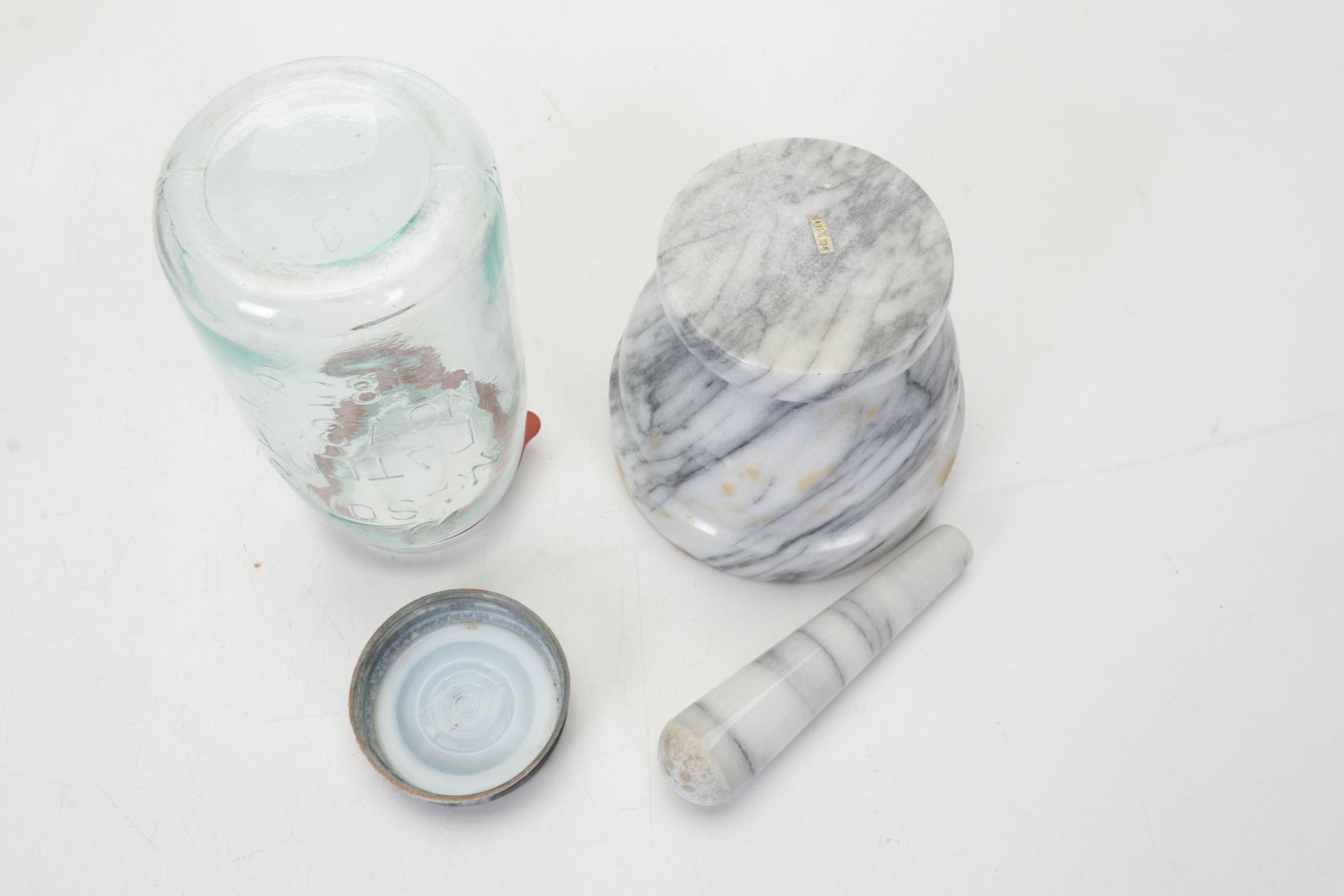 Corning Ware with Lids, Mortar and Pestle, and Other Bakeware