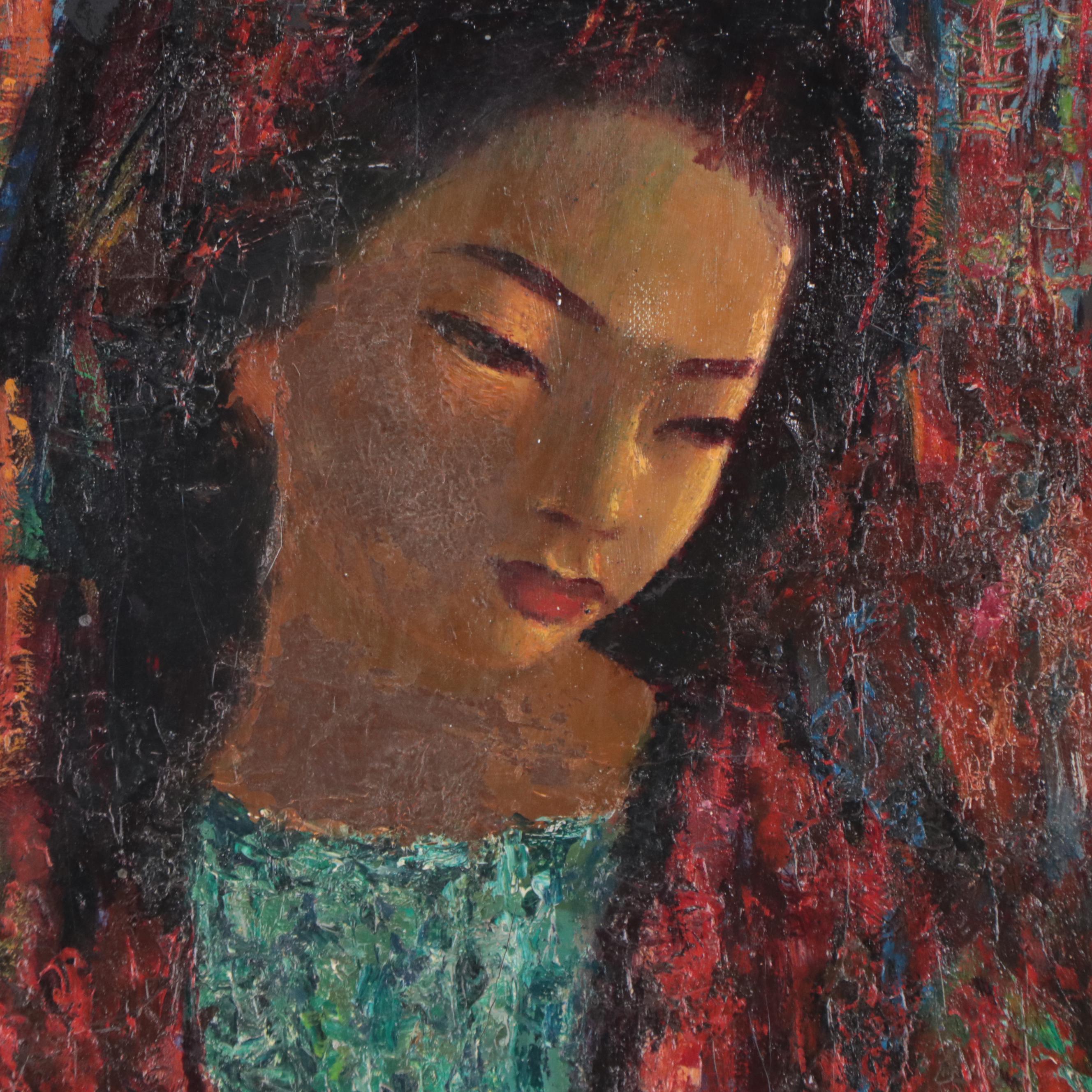 Portrait Oil Painting of Woman Wearing Red Robe, Circa 1970