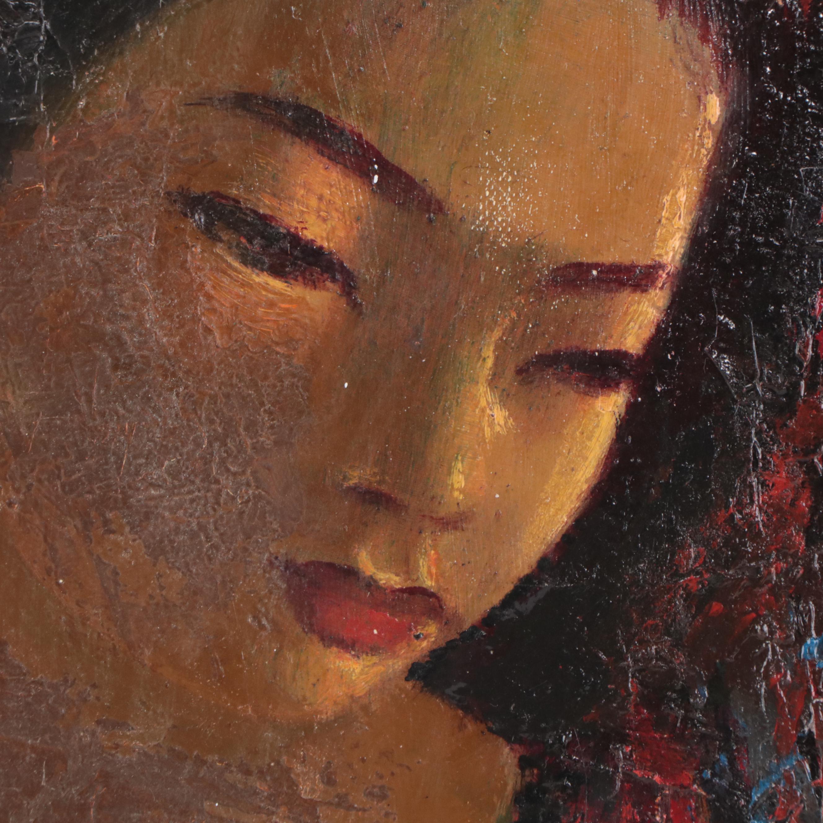 Portrait Oil Painting of Woman Wearing Red Robe, Circa 1970