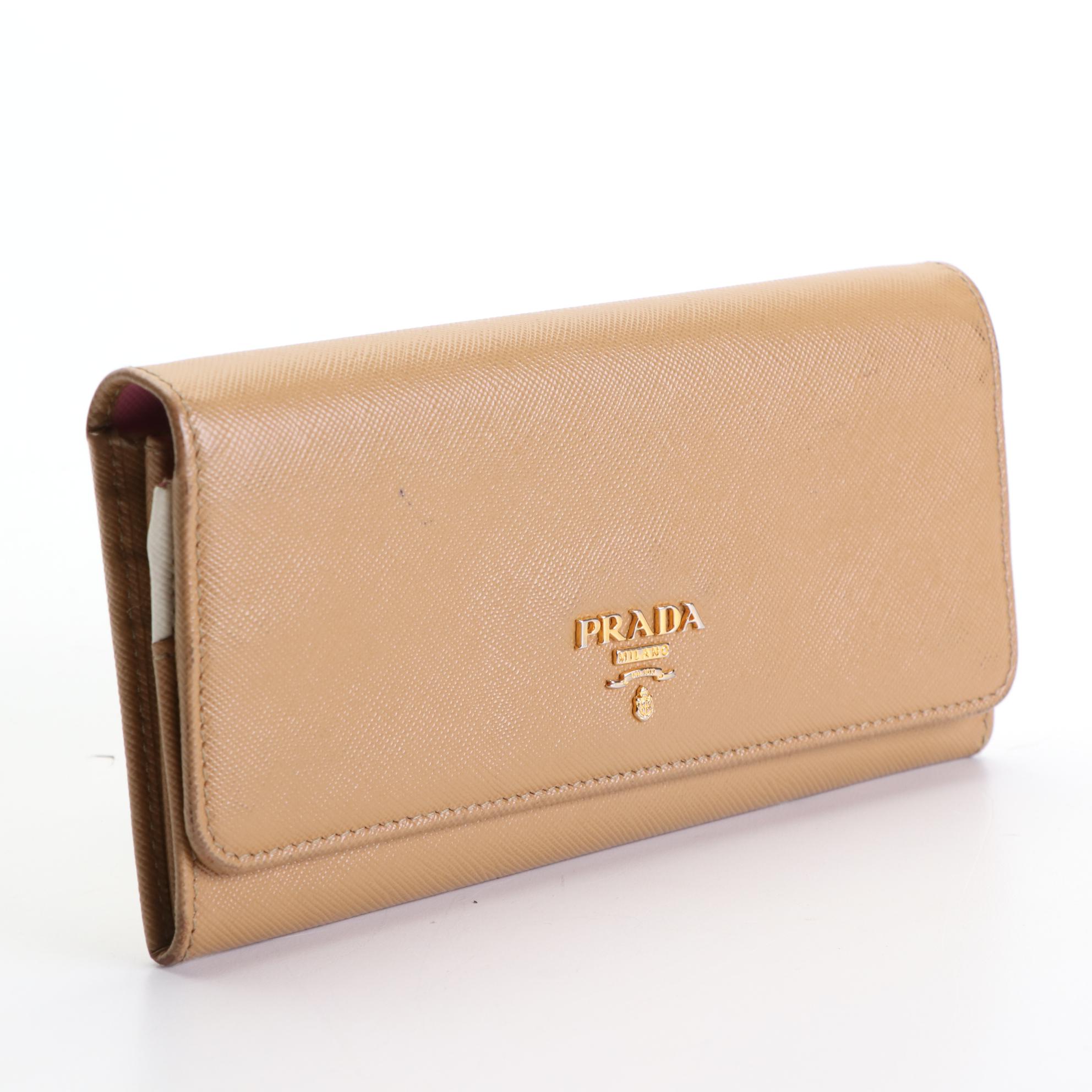 Prada Trifold Long Wallet in Saffiano Leather with Pink and Coral Interior