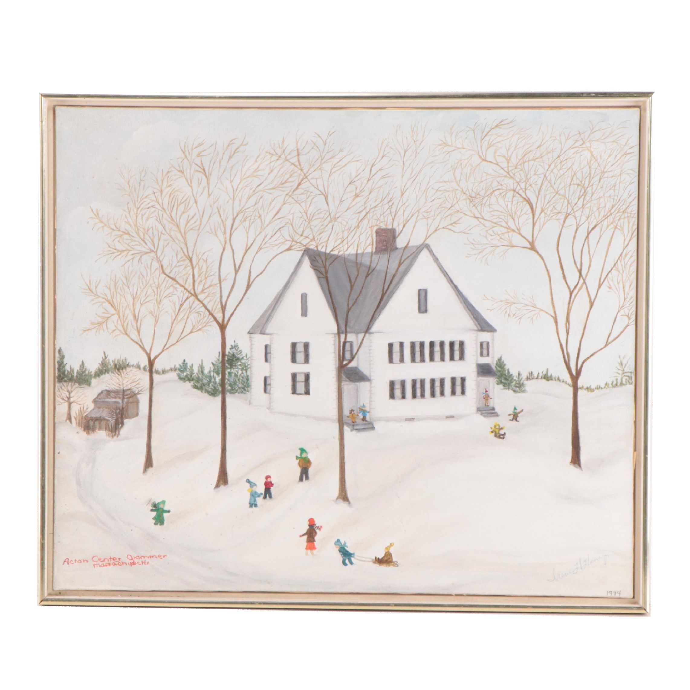 Irene H. Henry Winter Landscape Oil Painting With School, 1974