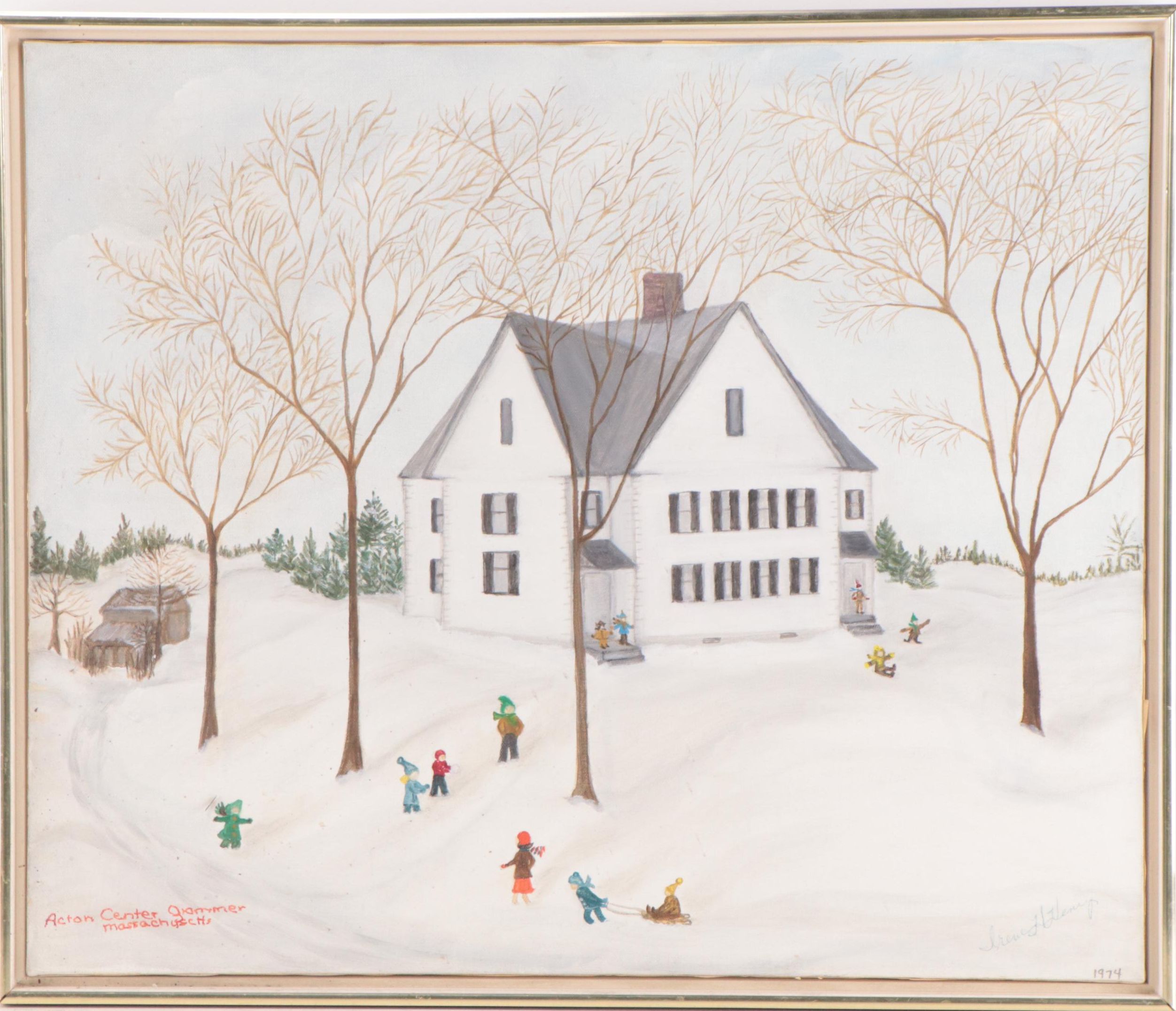 Irene H. Henry Winter Landscape Oil Painting With School, 1974