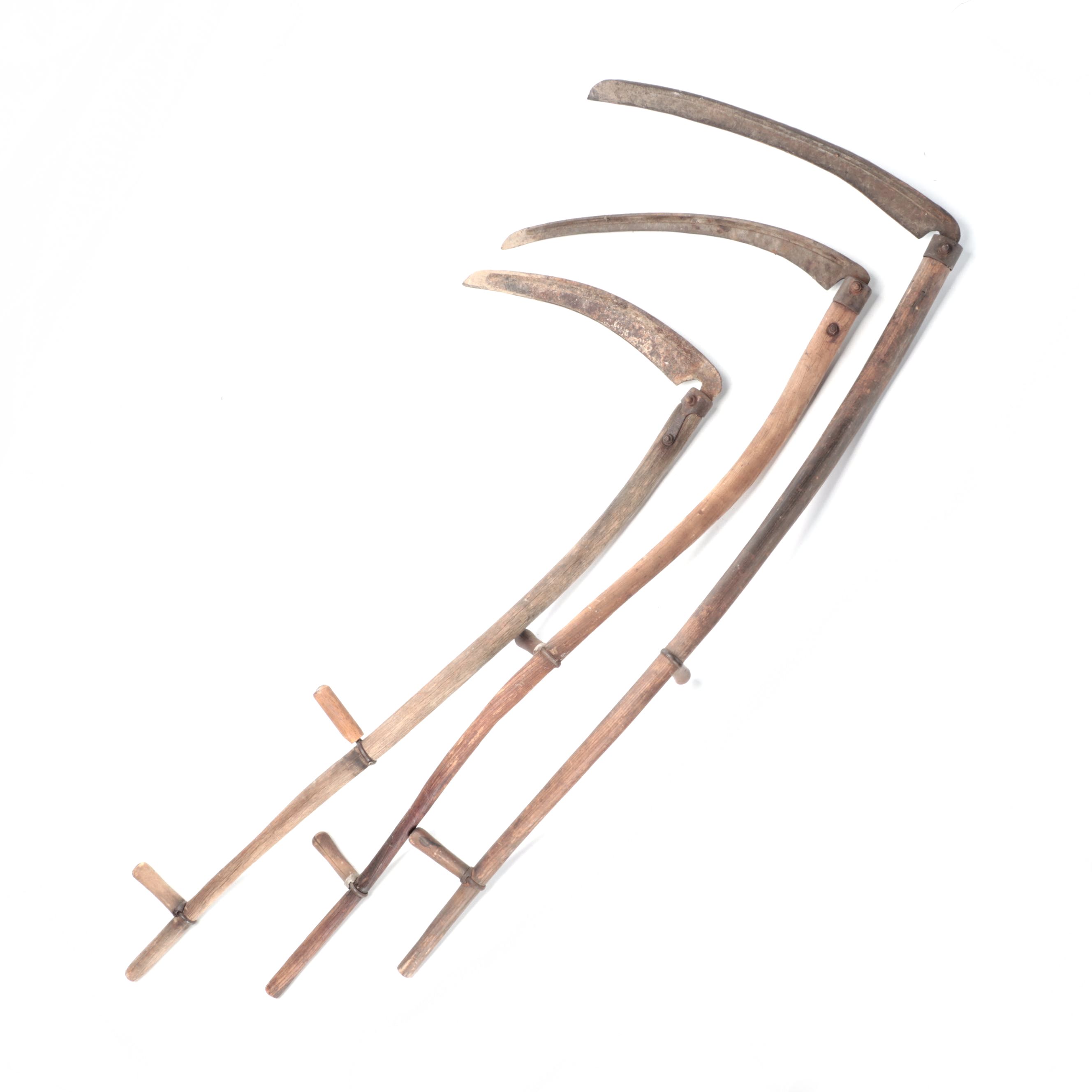 Three Primitive Wood and Metal Scythes