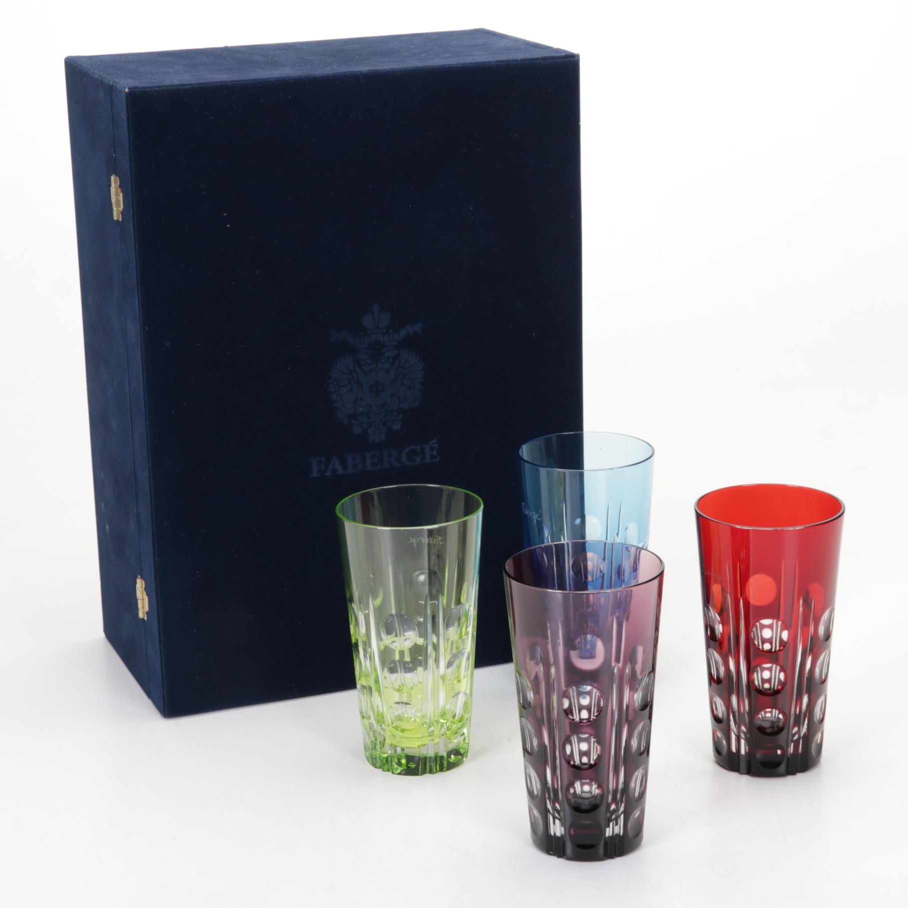 Fabergé Cut to Clear Bohemian Style Glass Tumblers with Case