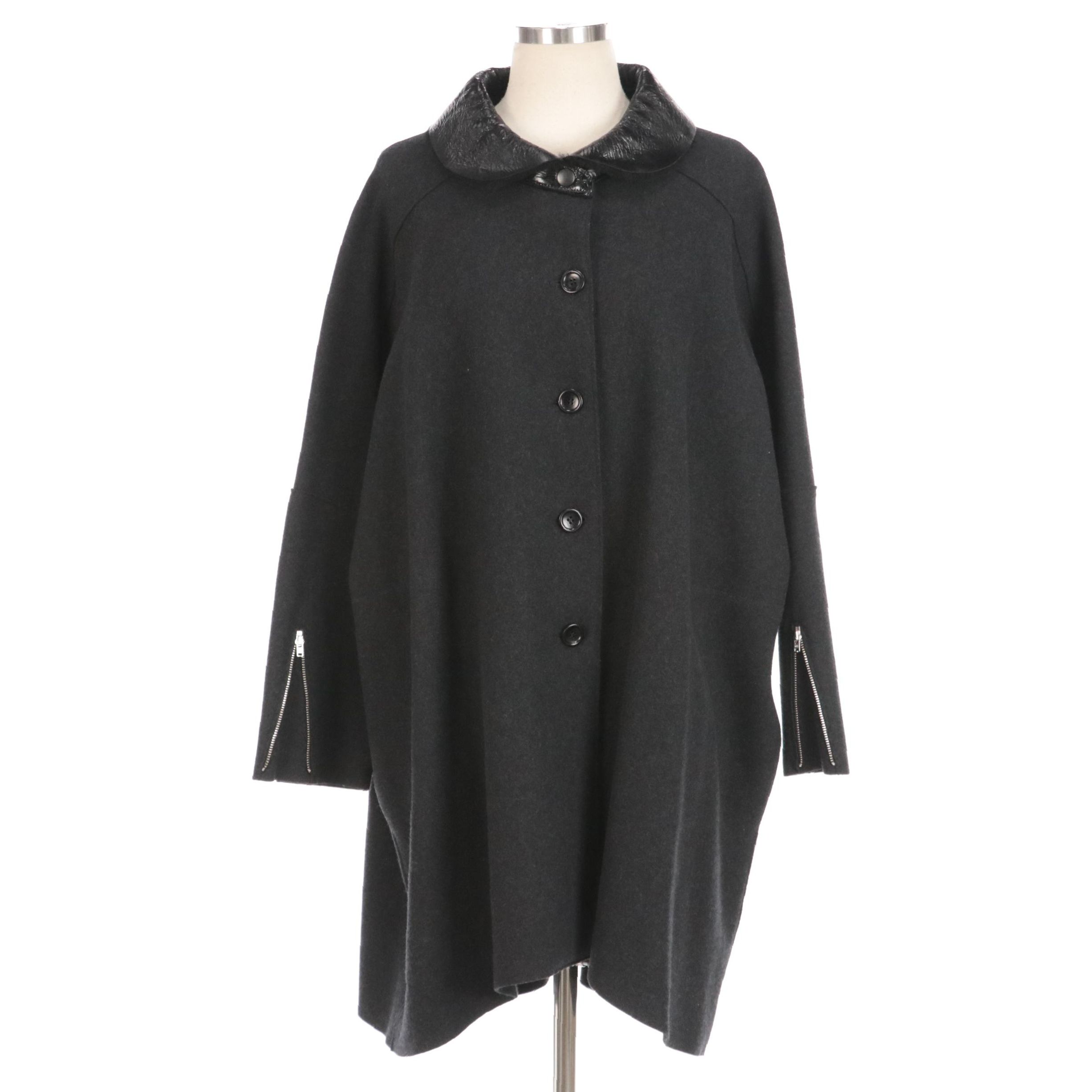 Hache Charcoal Grey Wool Peter Pan Collar Coat with Zipper Sleeve Accents, NWT