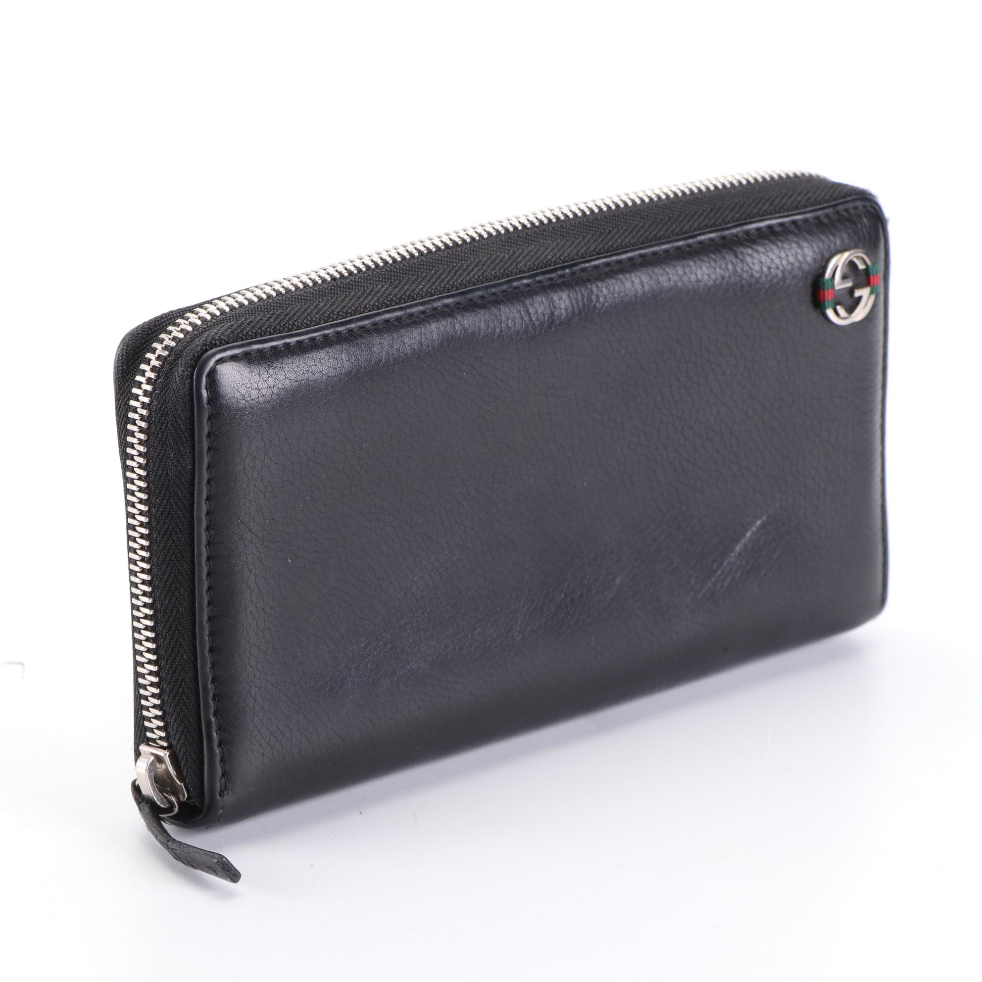 Gucci Interlocking Web G Zip-Around Wallet in Black Grained Leather