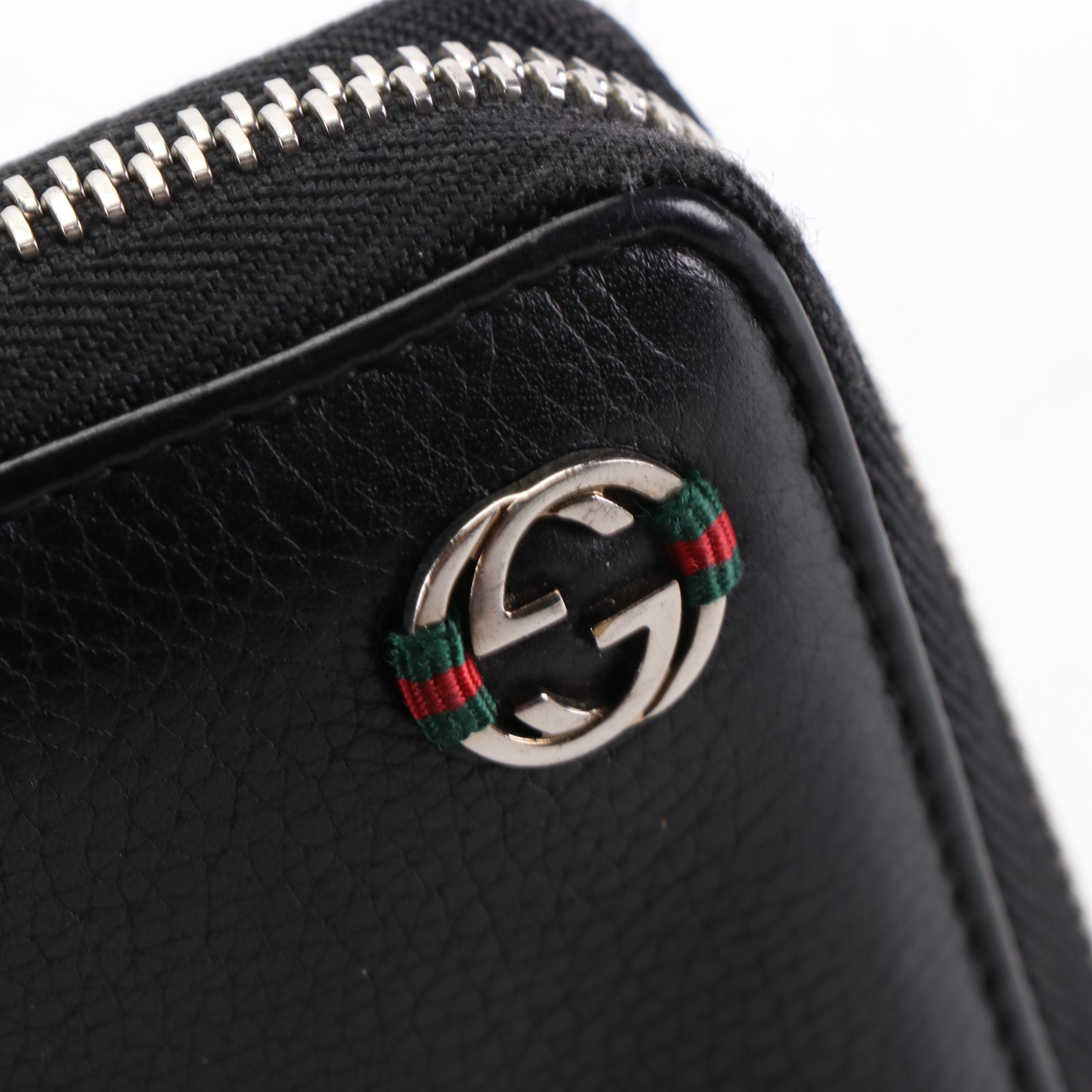 Gucci Interlocking Web G Zip-Around Wallet in Black Grained Leather