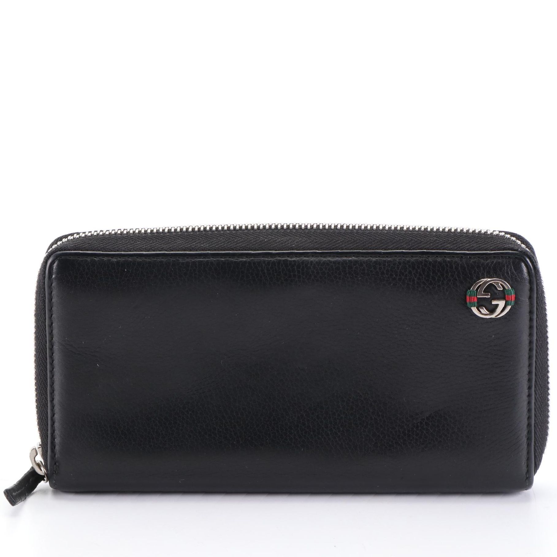 Gucci Interlocking Web G Zip-Around Wallet in Black Grained Leather