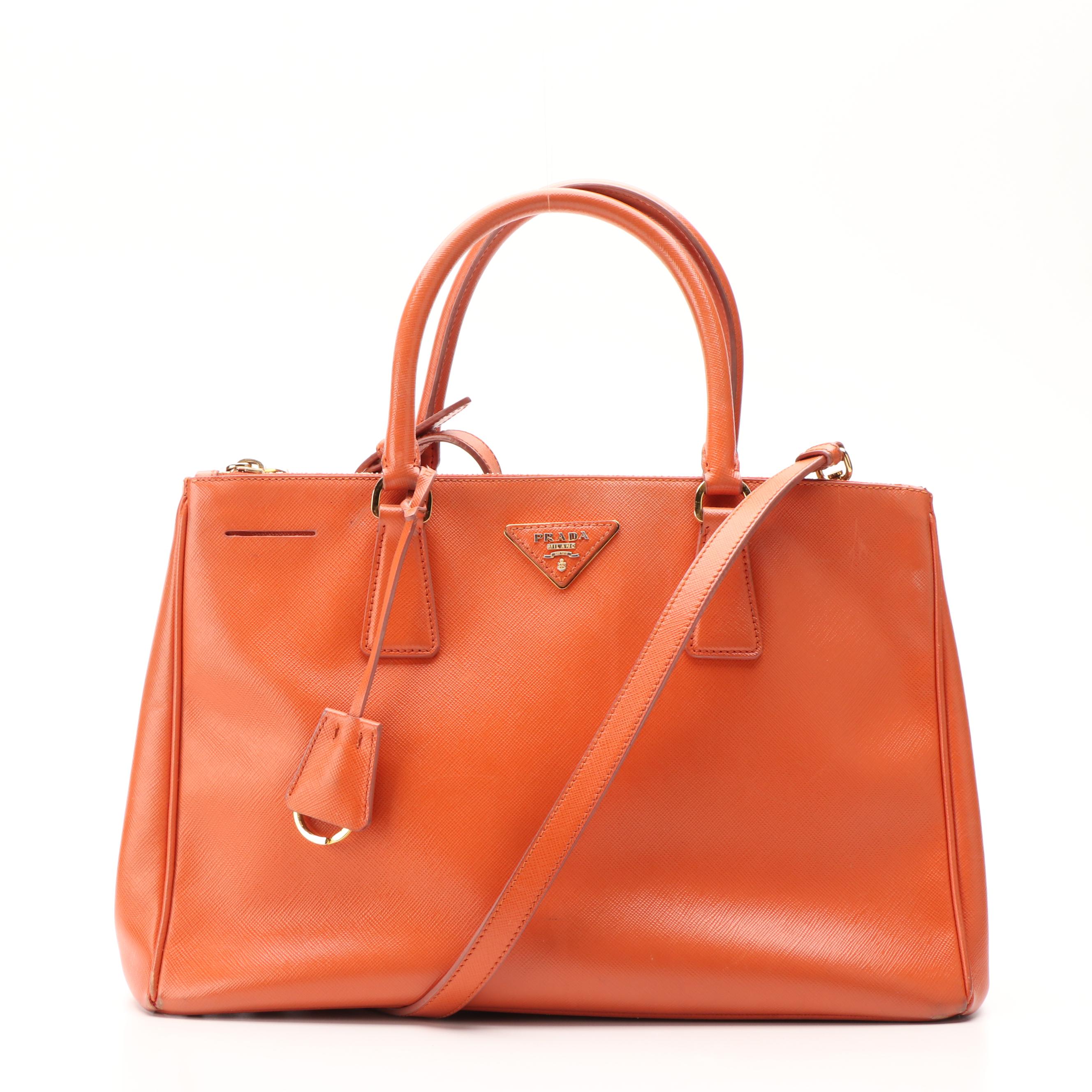 Prada Double Zip Handbag in Orange Saffiano Lux Leather