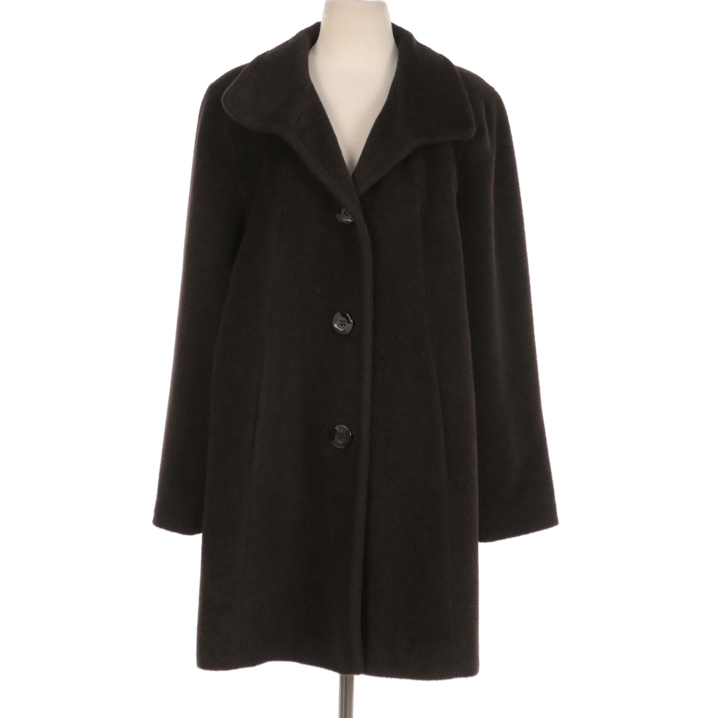 Ellen Tracy Button Front Coat in Chocolate Brown Alpaca and Wool
