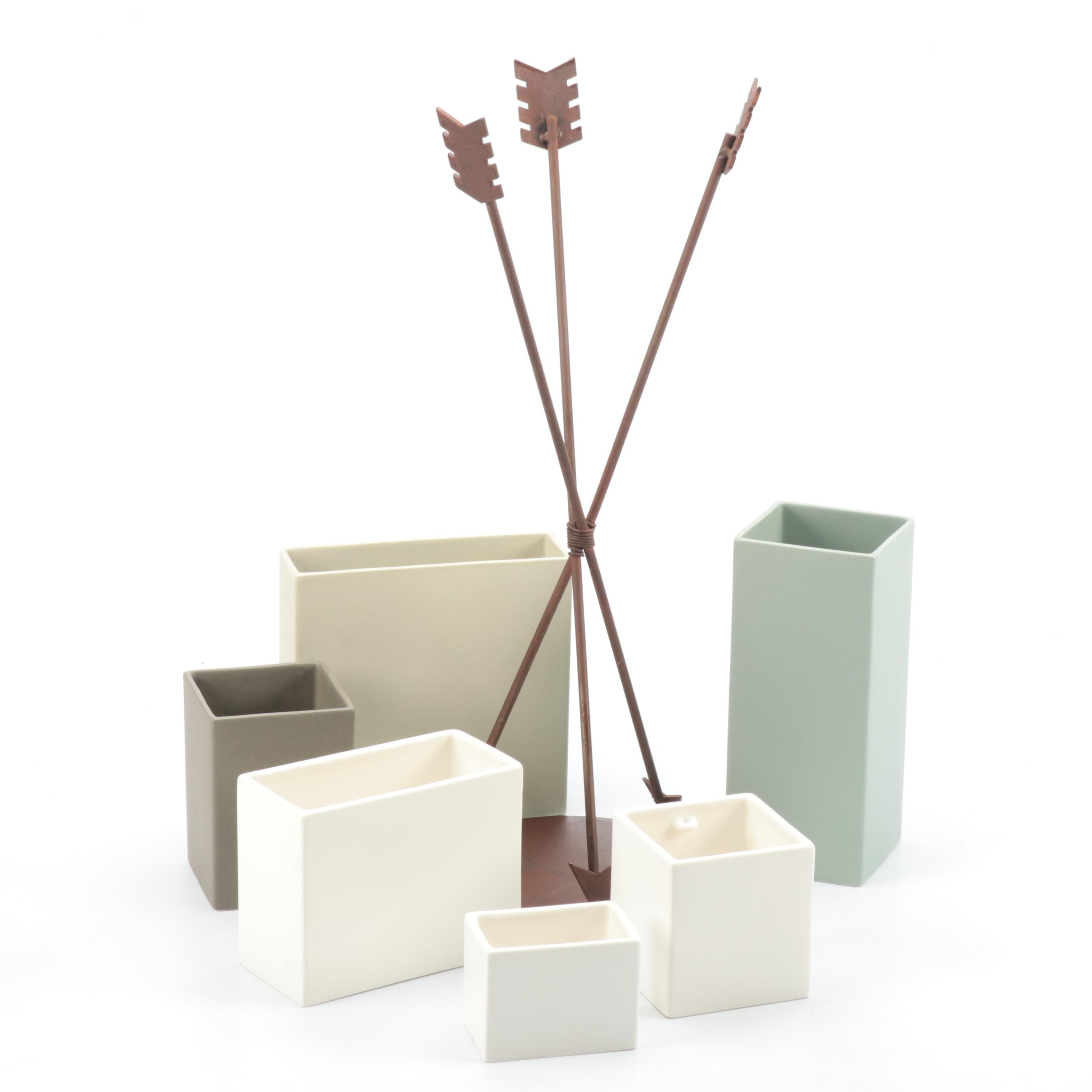 Red Envelope, Chambers Ceramic Square Planters With Metal Arrow Stand