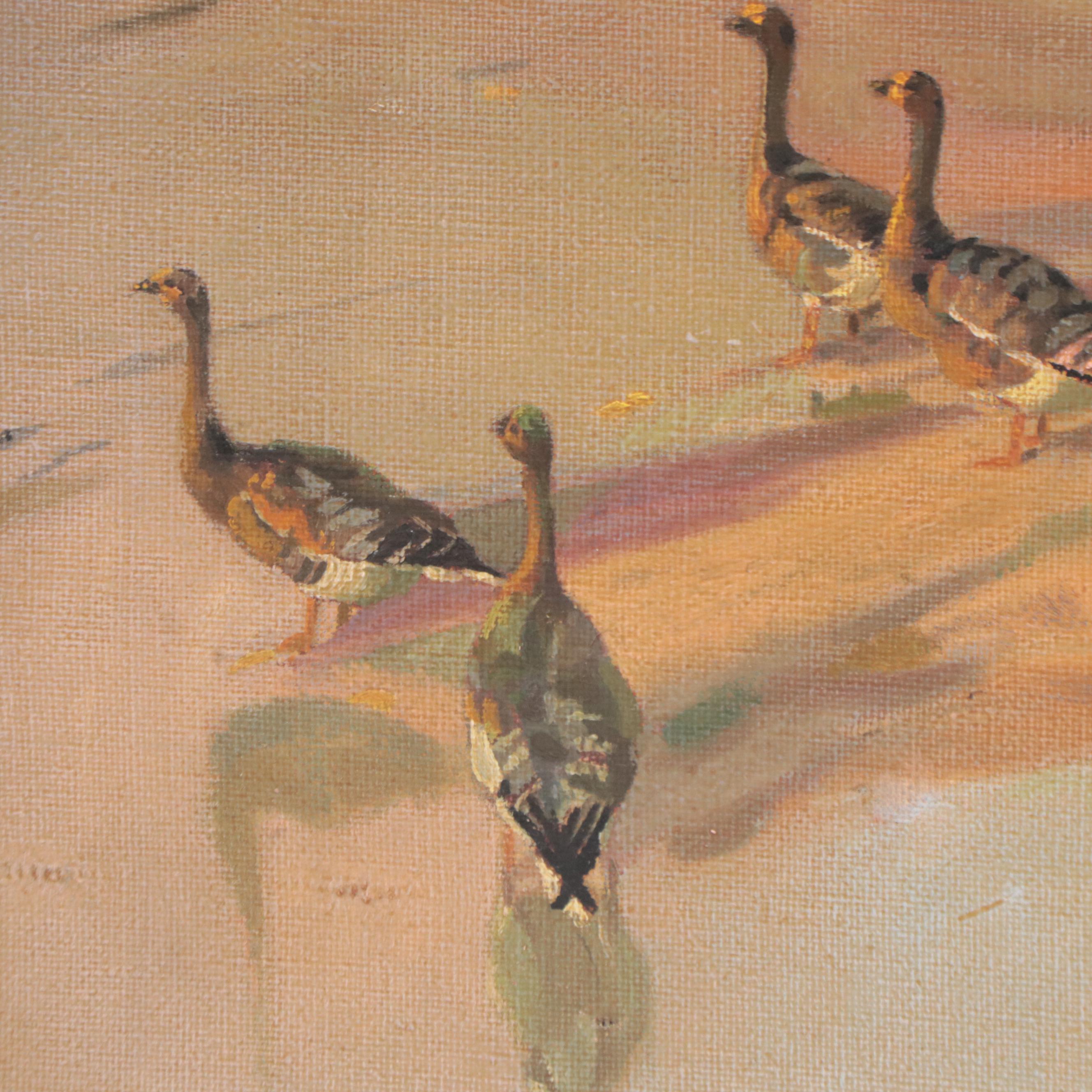 Oil Painting of Birds on Beach