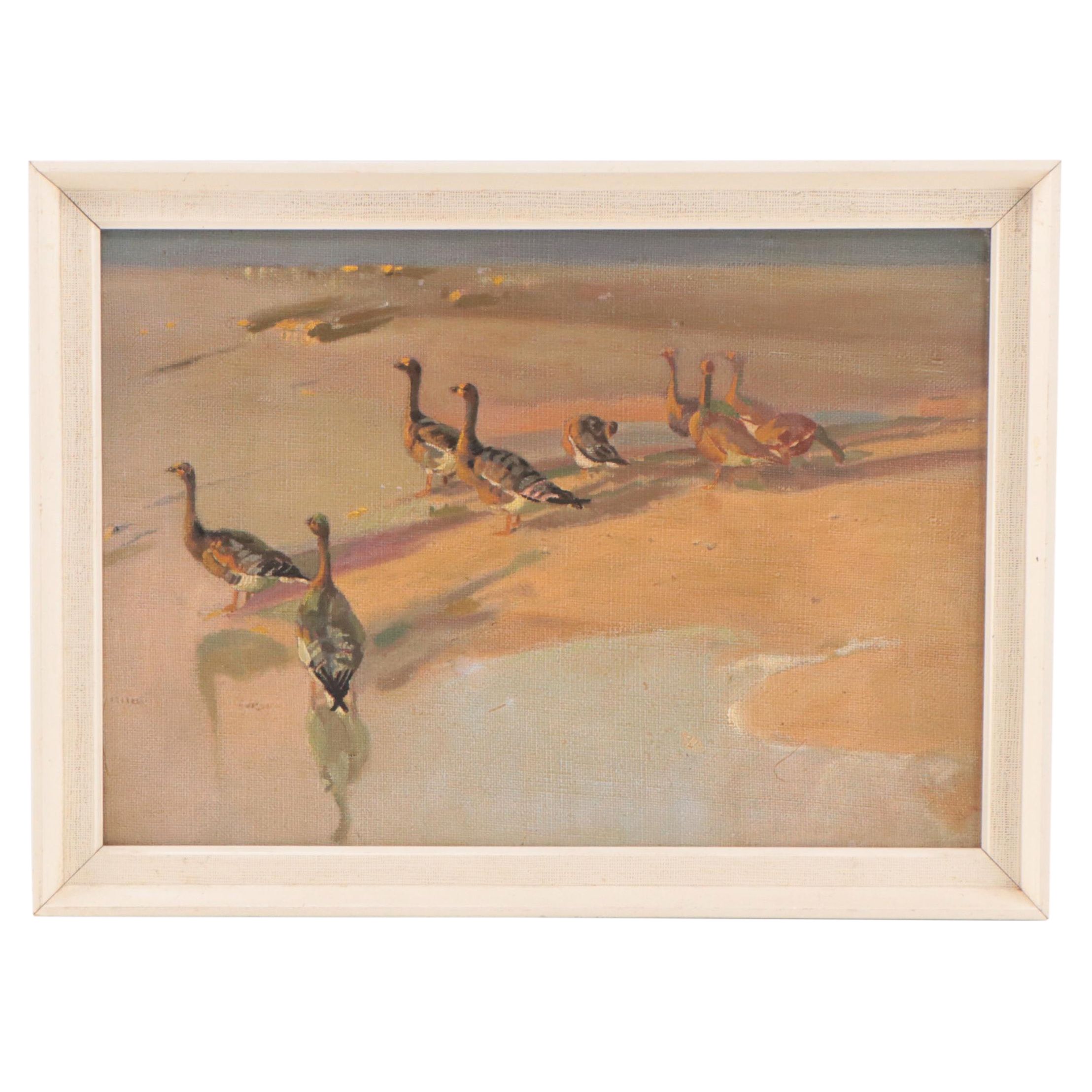 Oil Painting of Birds on Beach