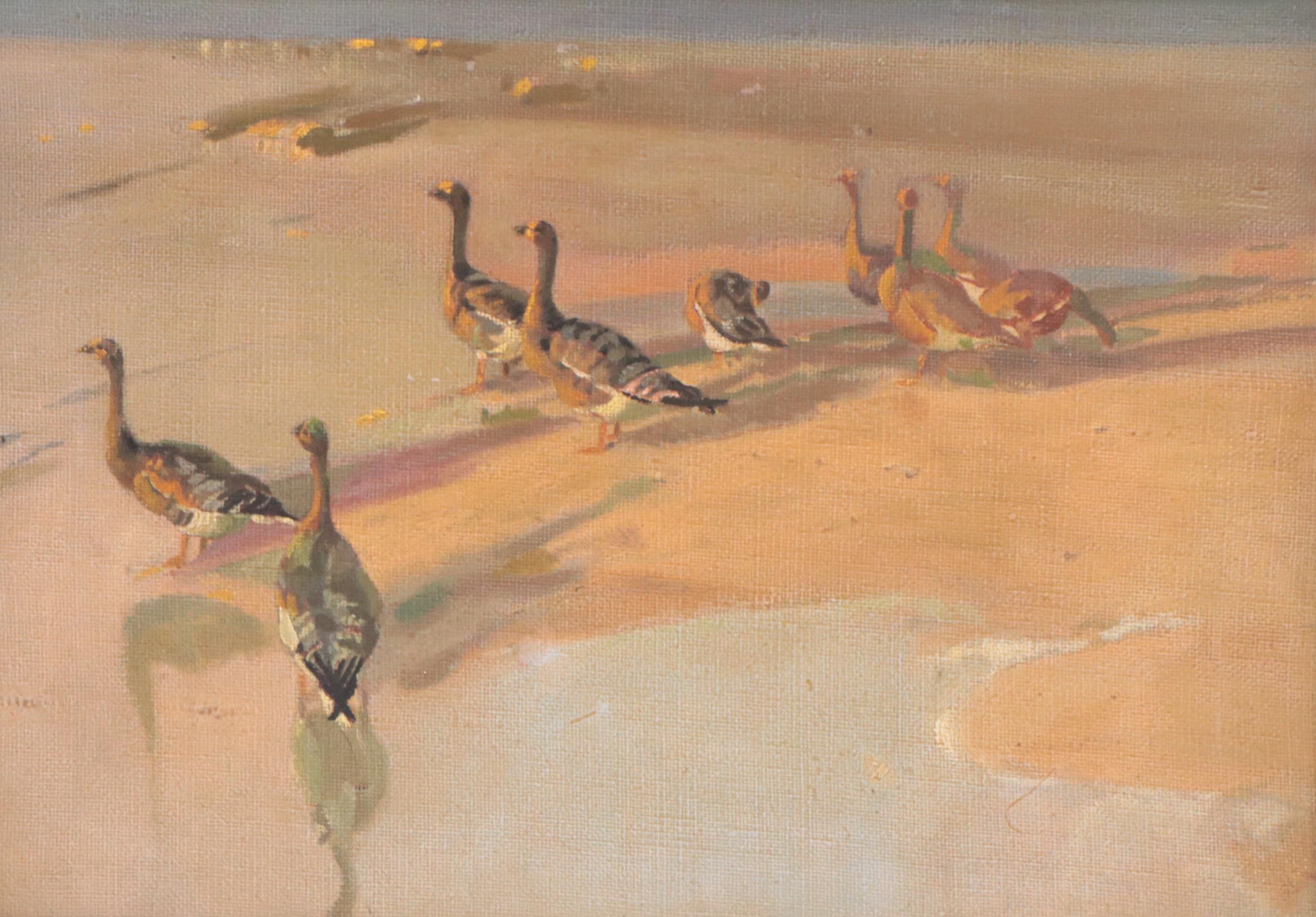 Oil Painting of Birds on Beach