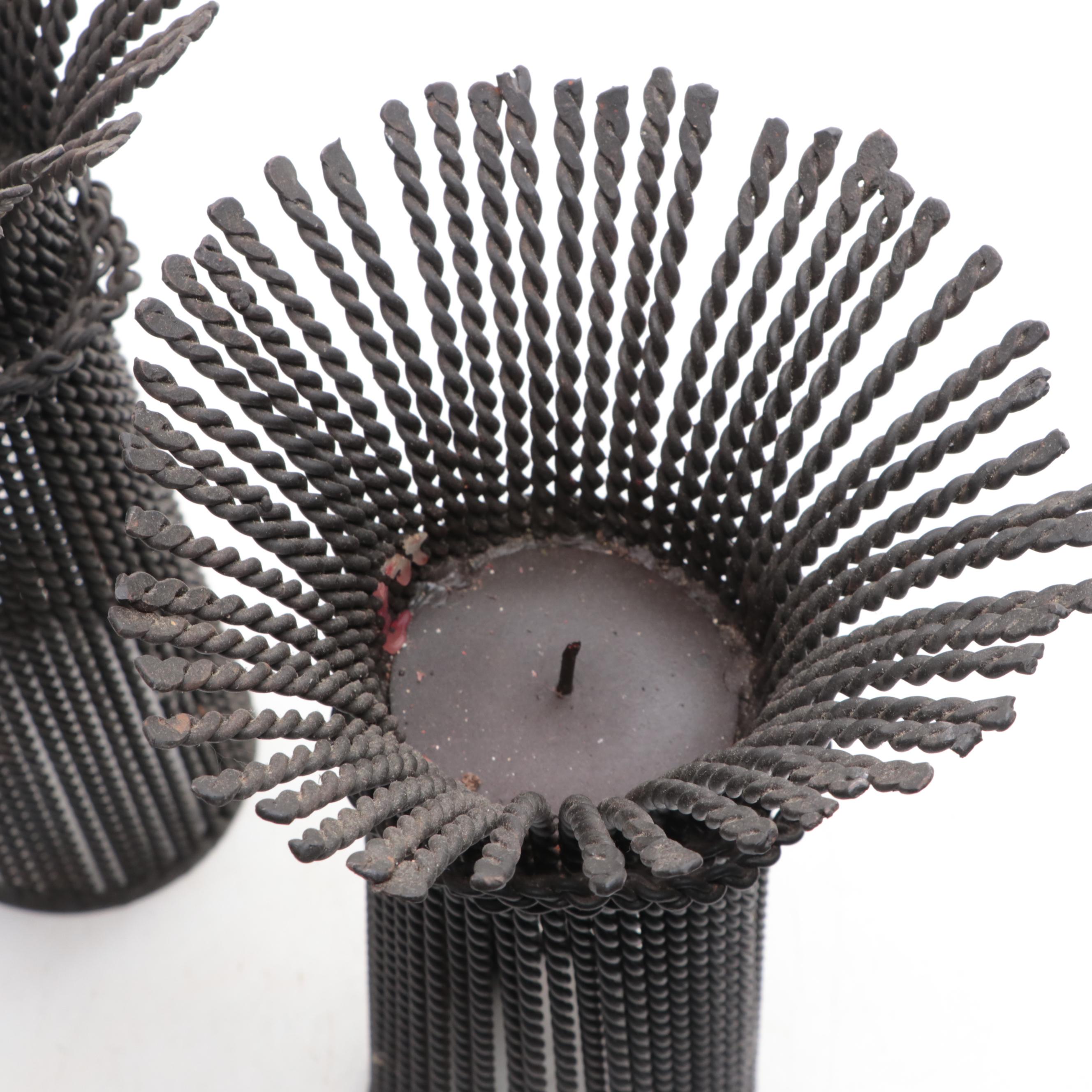 Wrought Iron Pillar Candle Holders with Spiral Wire Wheat Sheaf Votives