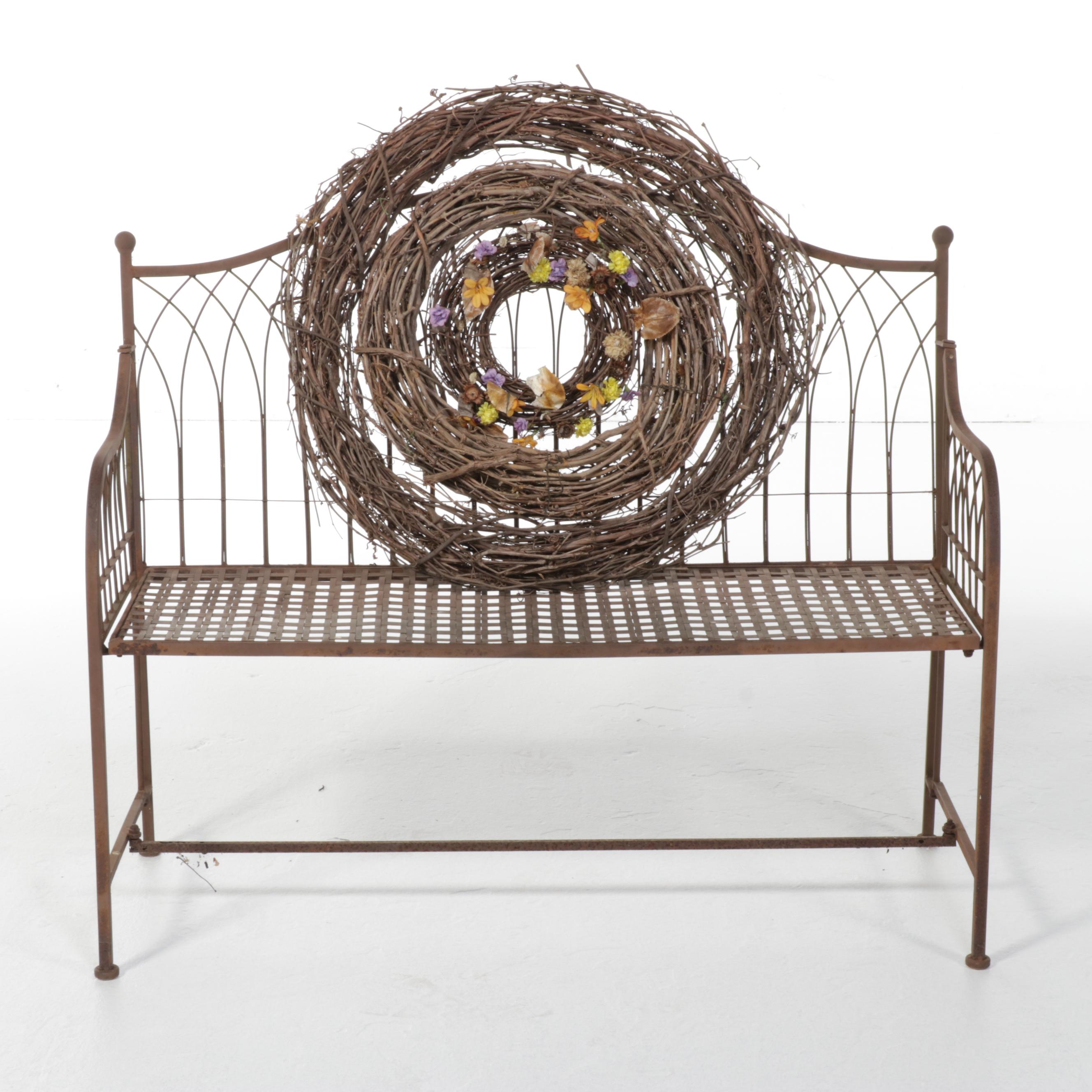 Woven Metal Folding Garden Bench and Grape Vine Wreath