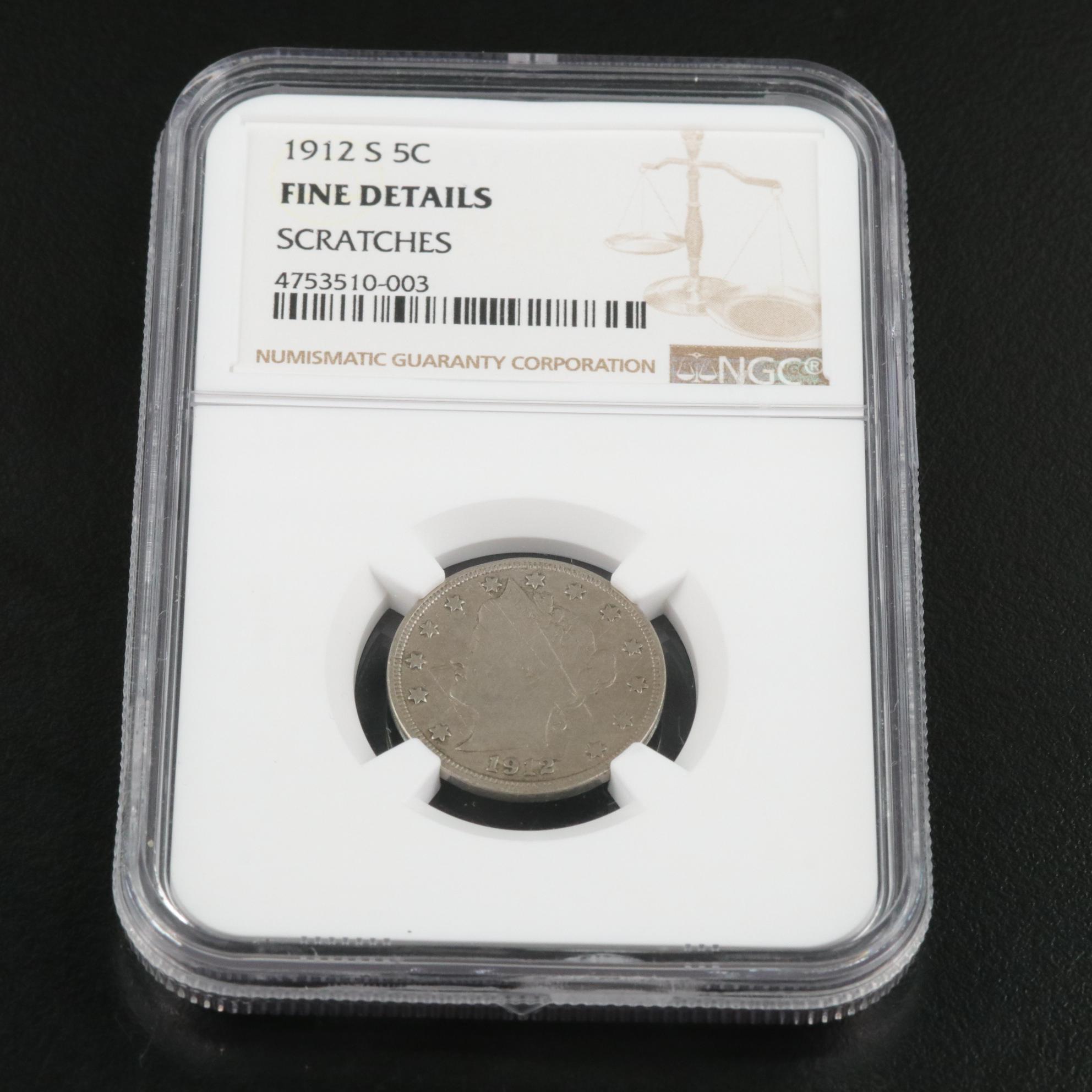 NGC Fine Details Scratches 1912-S Liberty Nickel With Partial Liberty