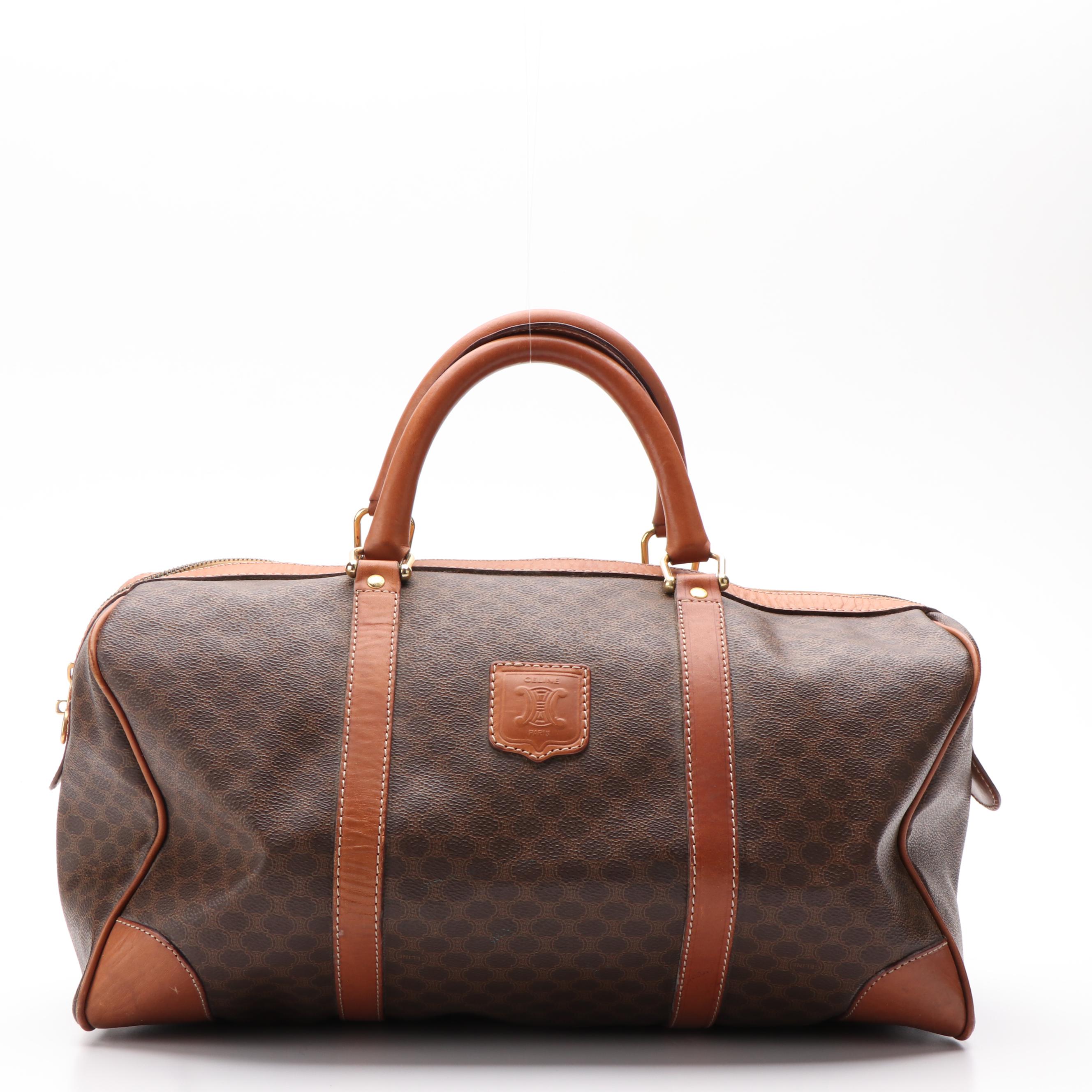 Celine Macadam Boston Bag in Brown Coated Canvas and Leather