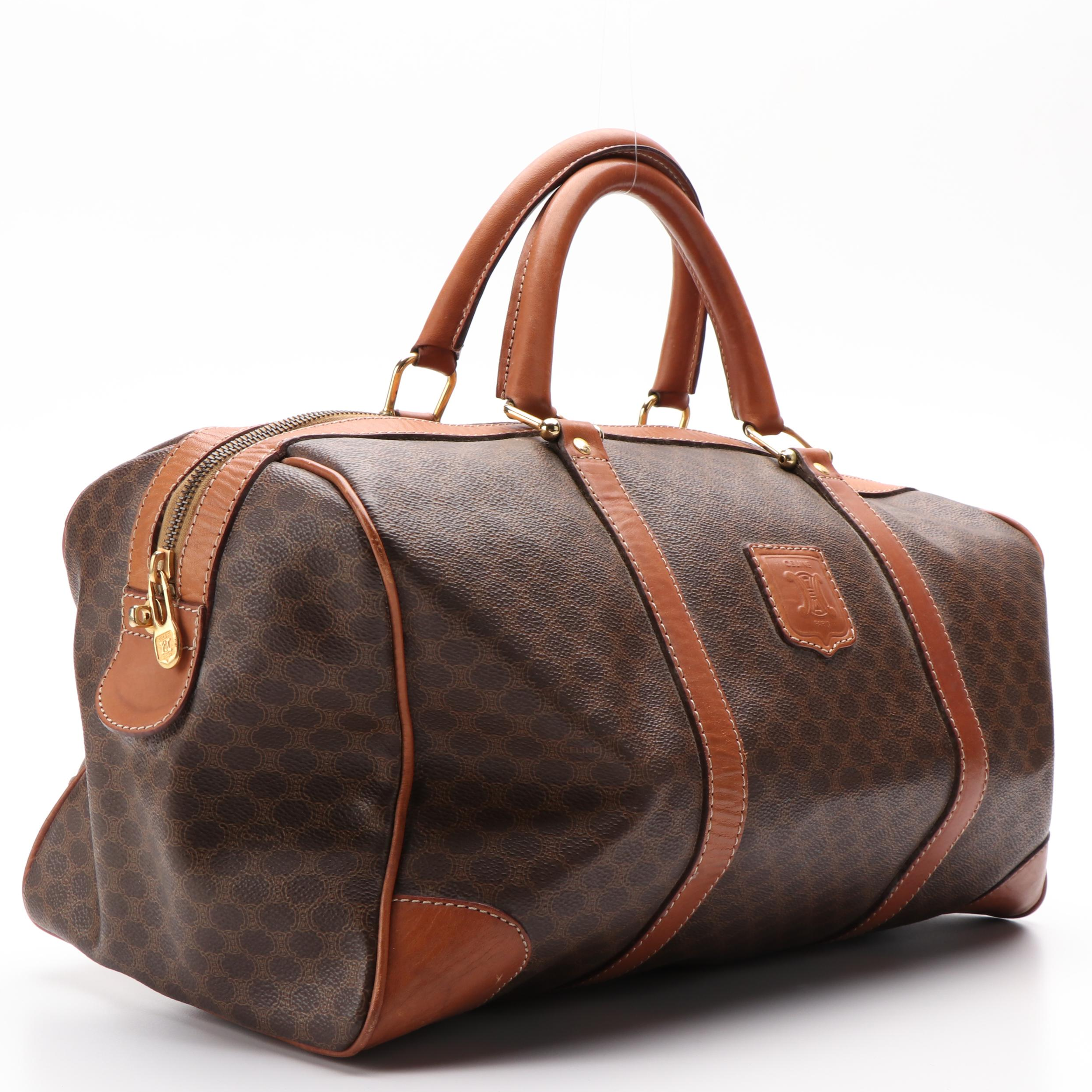 Celine Macadam Boston Bag in Brown Coated Canvas and Leather