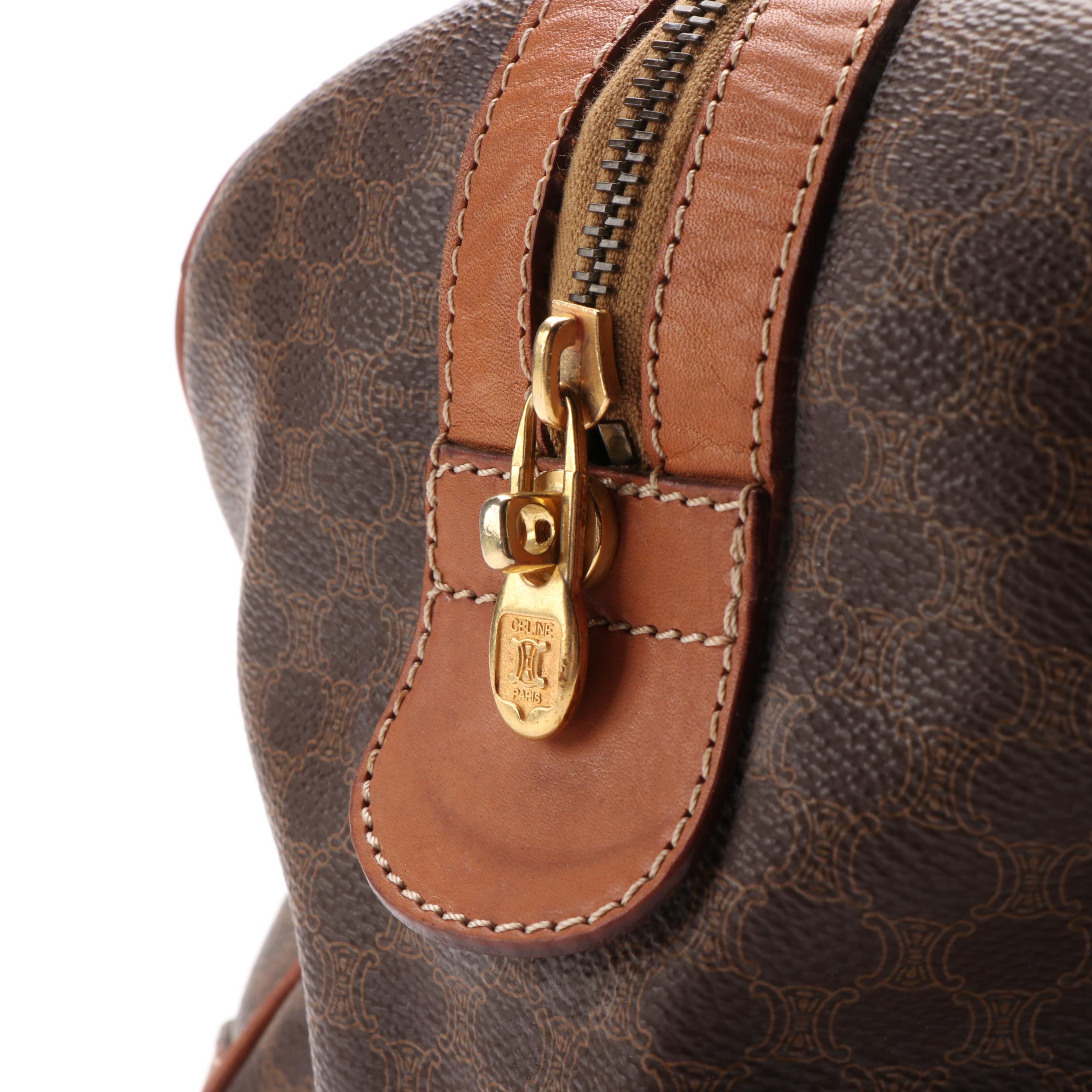 Celine Macadam Boston Bag in Brown Coated Canvas and Leather