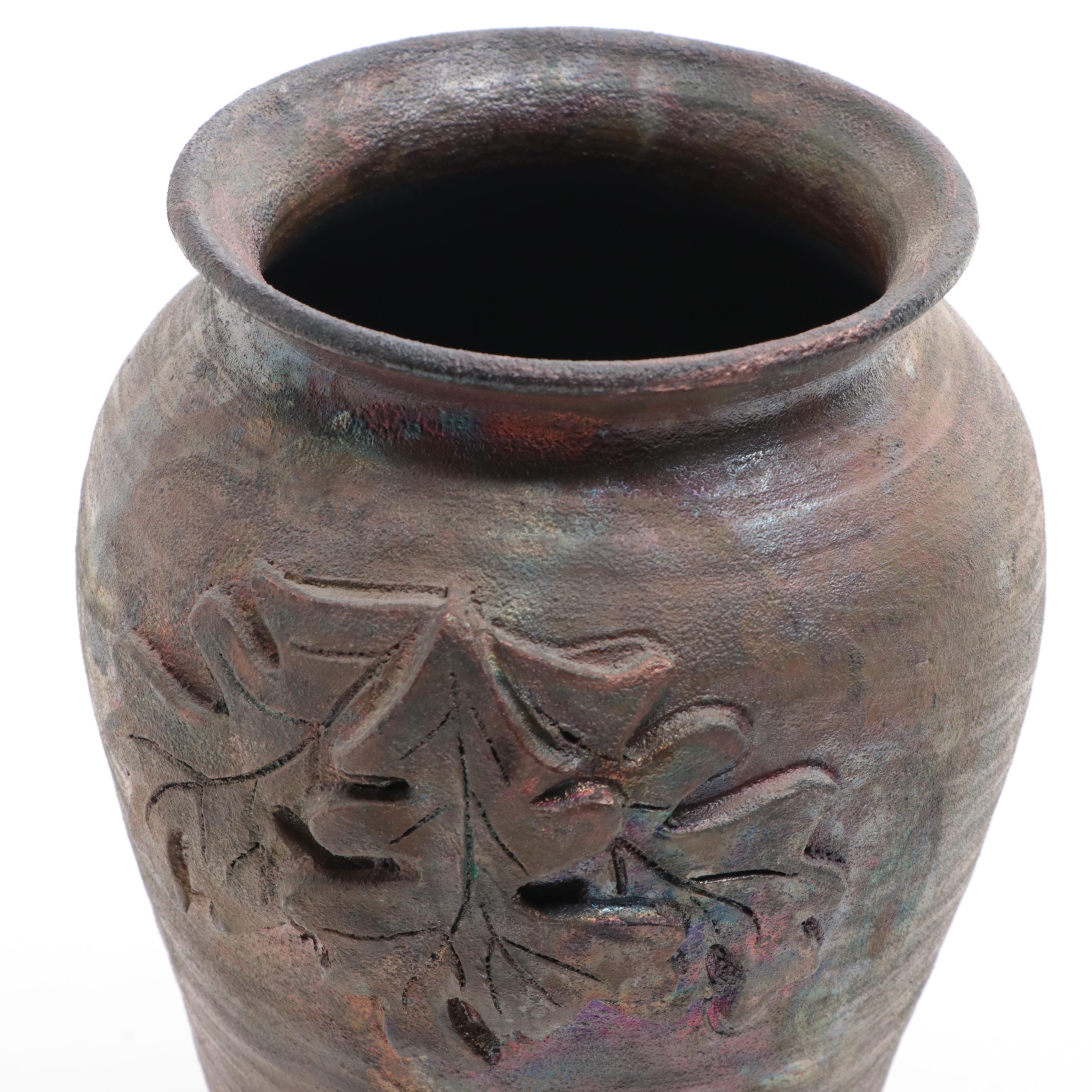 Clayton Art Pottery RakuFired Vase with Applied Oak Leaf EBTH