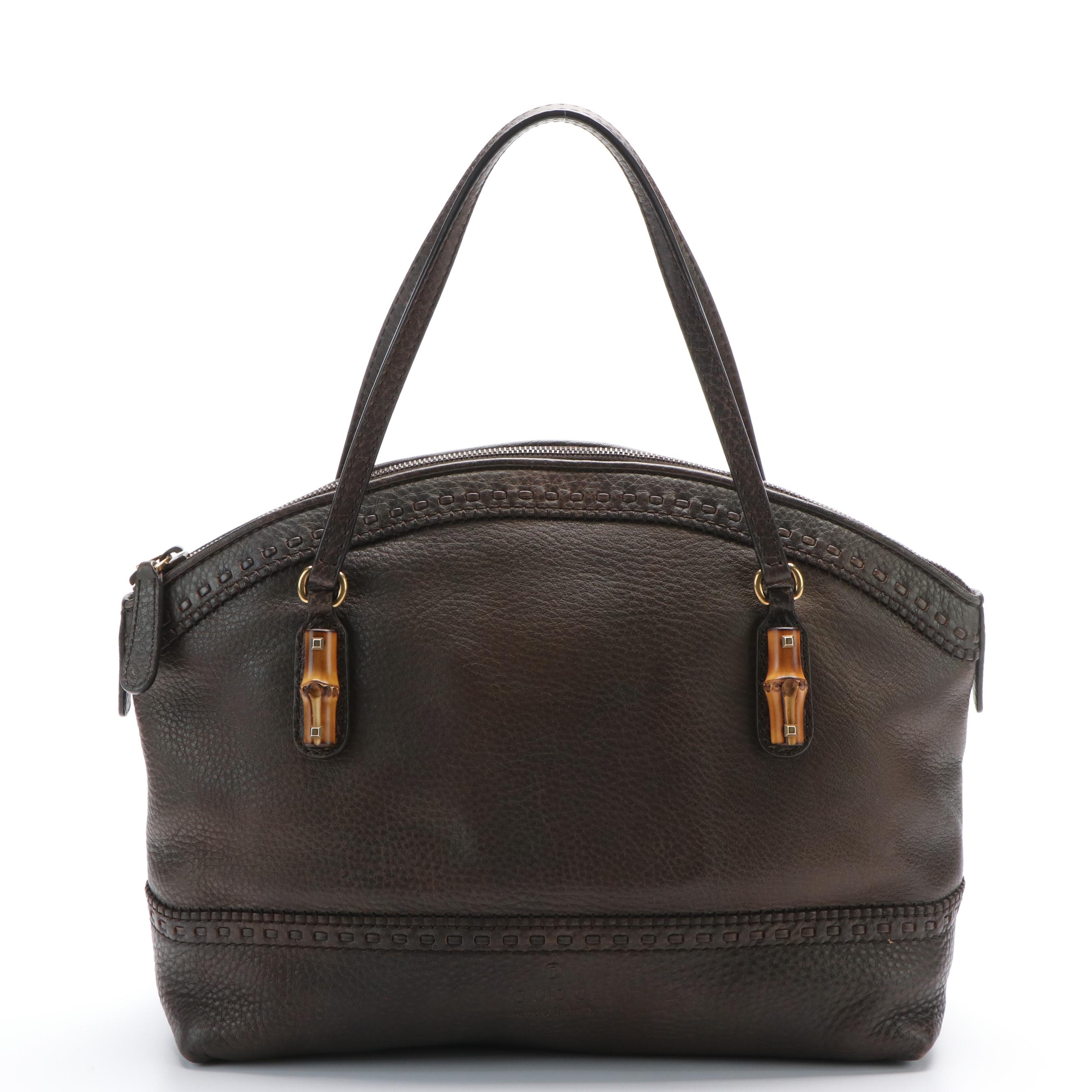 Gucci Laidback Crafty Handbag in Brown Grained Leather with Bamboo Detailing