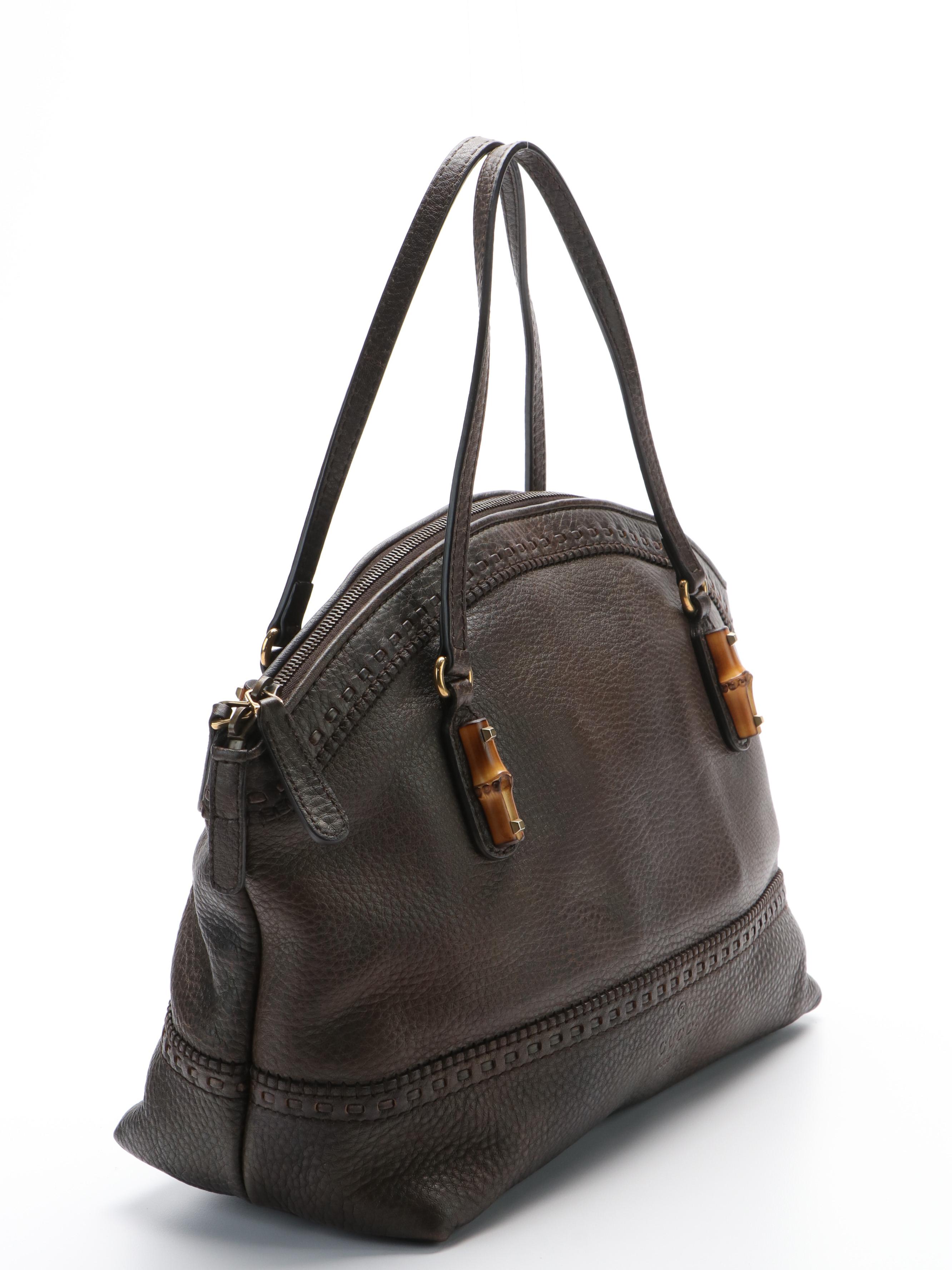 Gucci Laidback Crafty Handbag in Brown Grained Leather with Bamboo Detailing