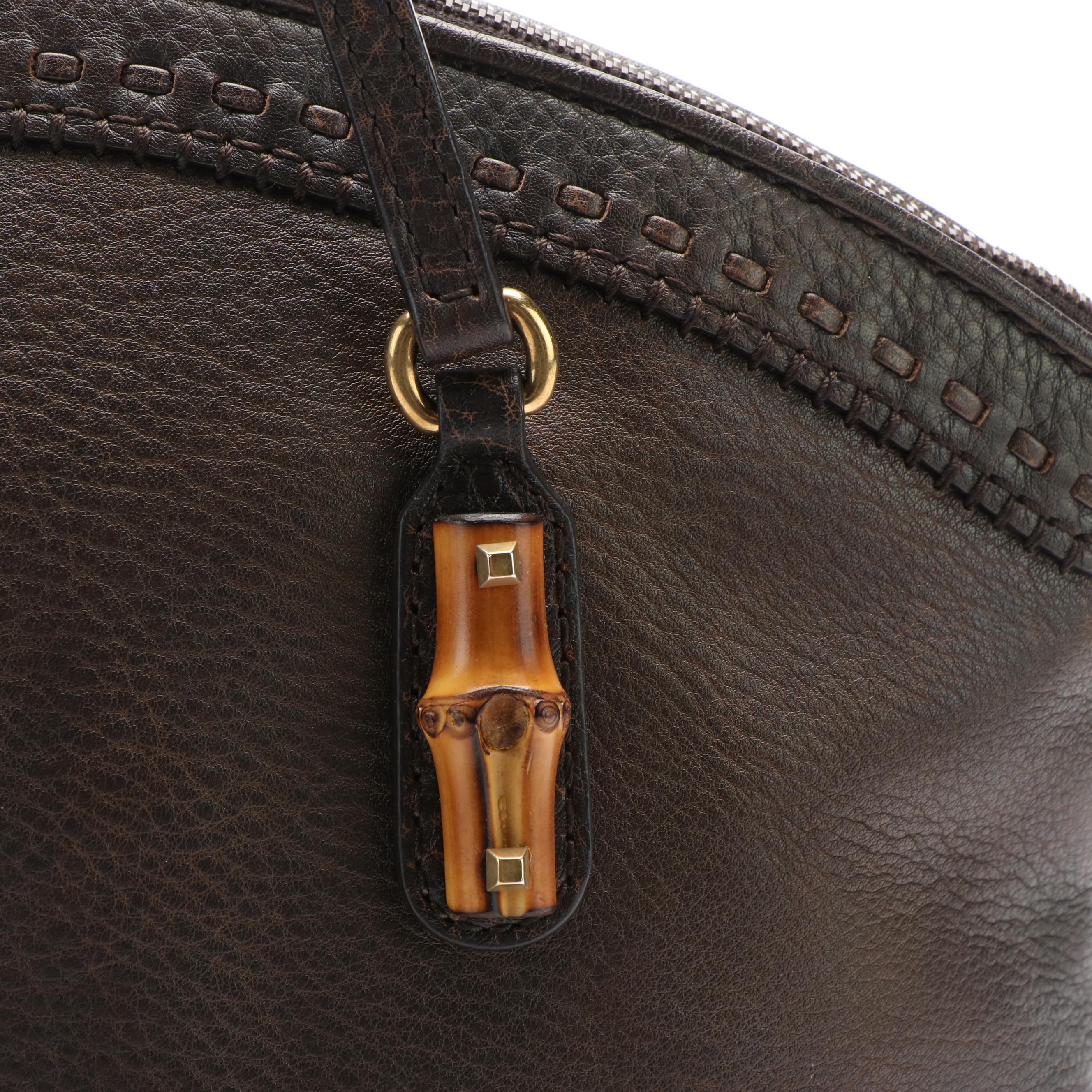 Gucci Laidback Crafty Handbag in Brown Grained Leather with Bamboo Detailing