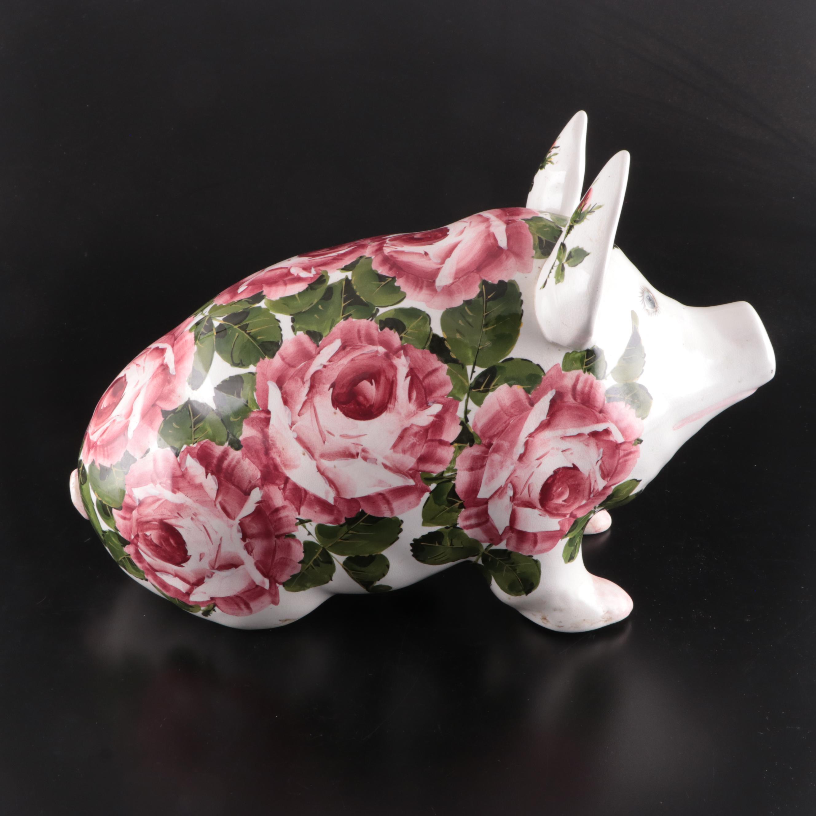 Wemyss Ware Hand-Painted Rose Motif Ceramic Pig Figurine