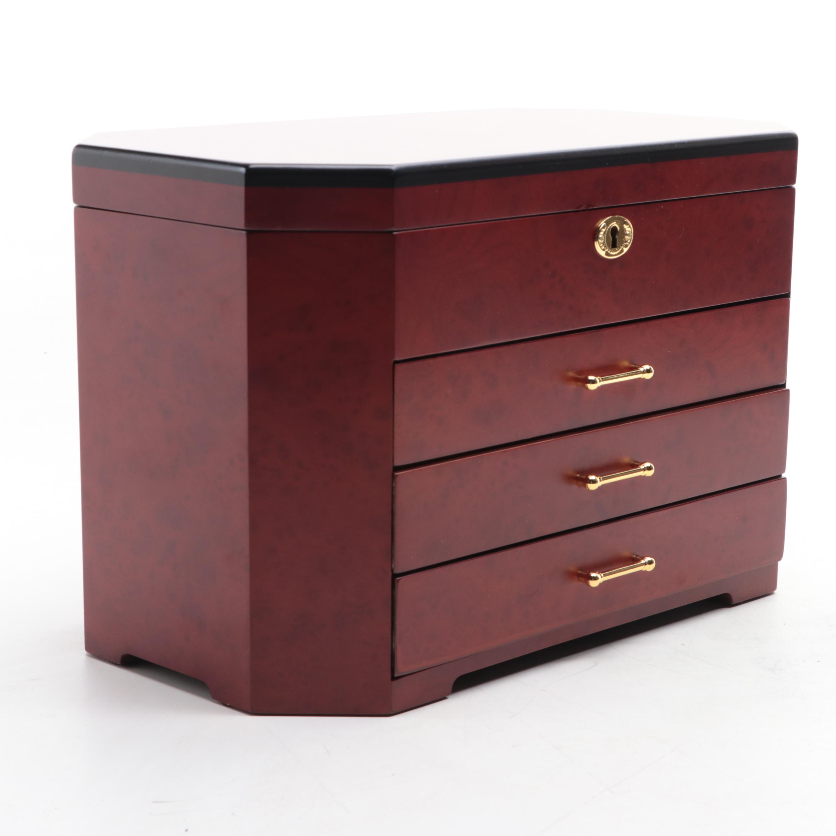 Jere Locking Jewelry Box in Burl Finish with Chocolate Interior