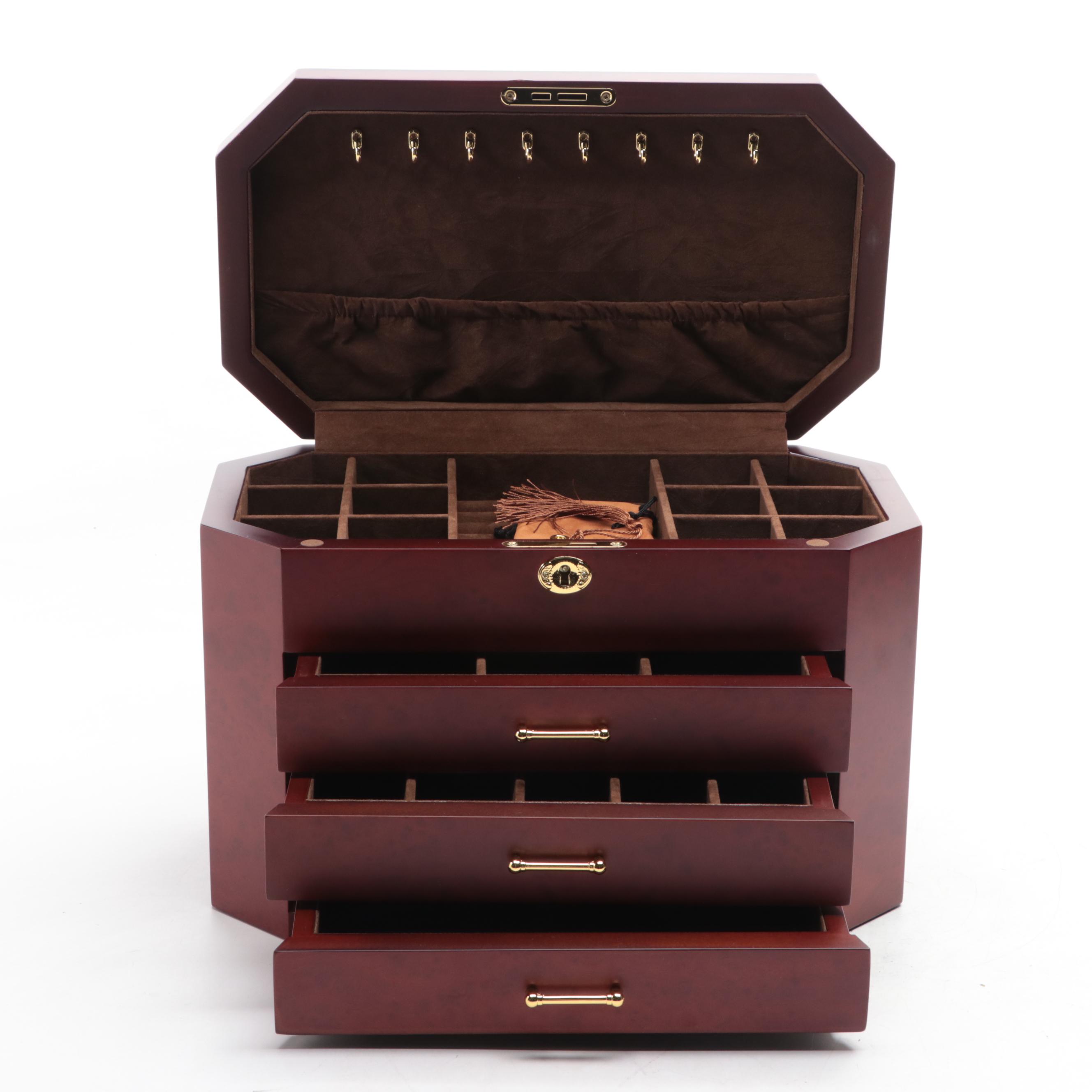 Jere Locking Jewelry Box in Burl Finish with Chocolate Interior